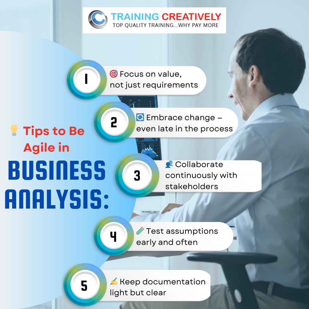 traincreatively's tweet image. Here are 5 tips to help you adopt an agile mindset in your BA role. 👆
Want to dive deeper into Agile frameworks and tools tailored for BAs?

📘 Explore our AgileBA® Foundation and Practitioner course and sharpen your skills.

#AgileBA #BusinessAnalysisTips #AgileThinking