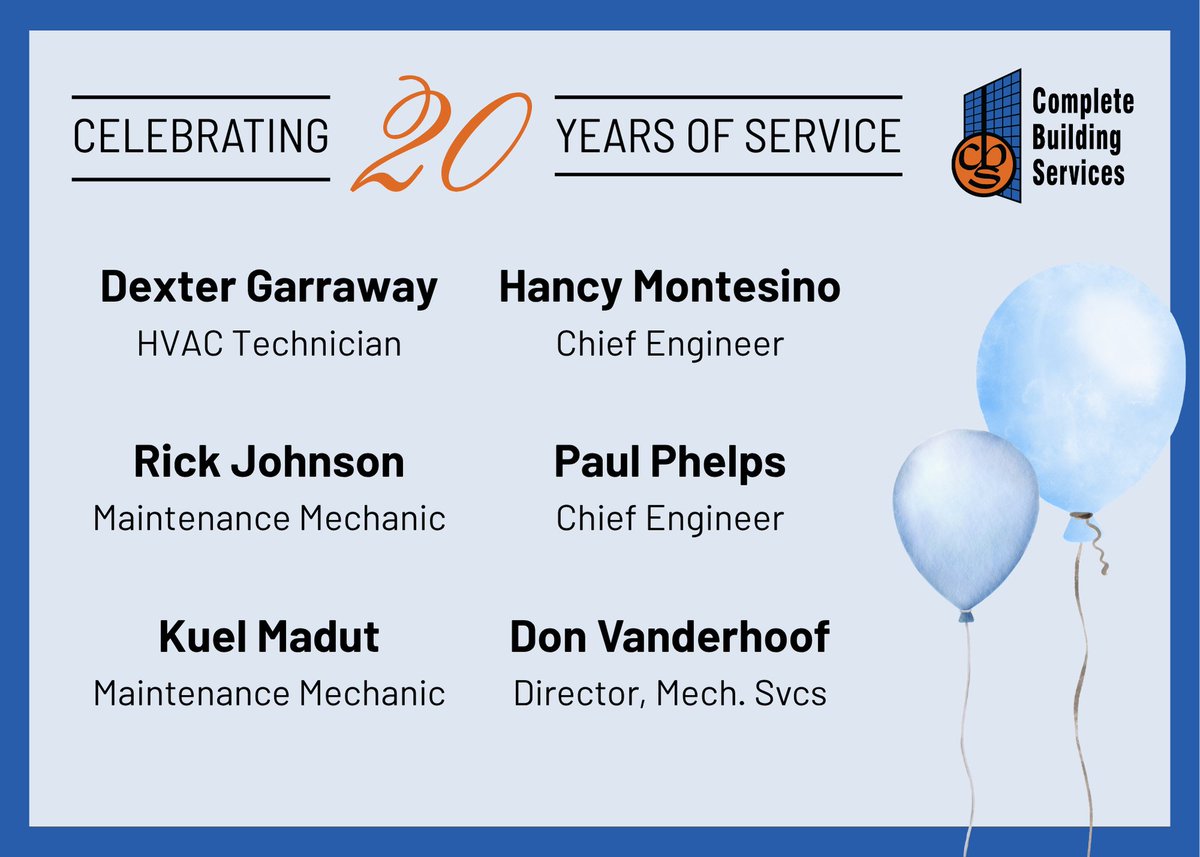💙 20 Years!! Say what!! 🧡 

These gentlemen deserve a round of applause for their continued efforts! Each and every day, we are proud to call you members of TeamCBS! 🎉