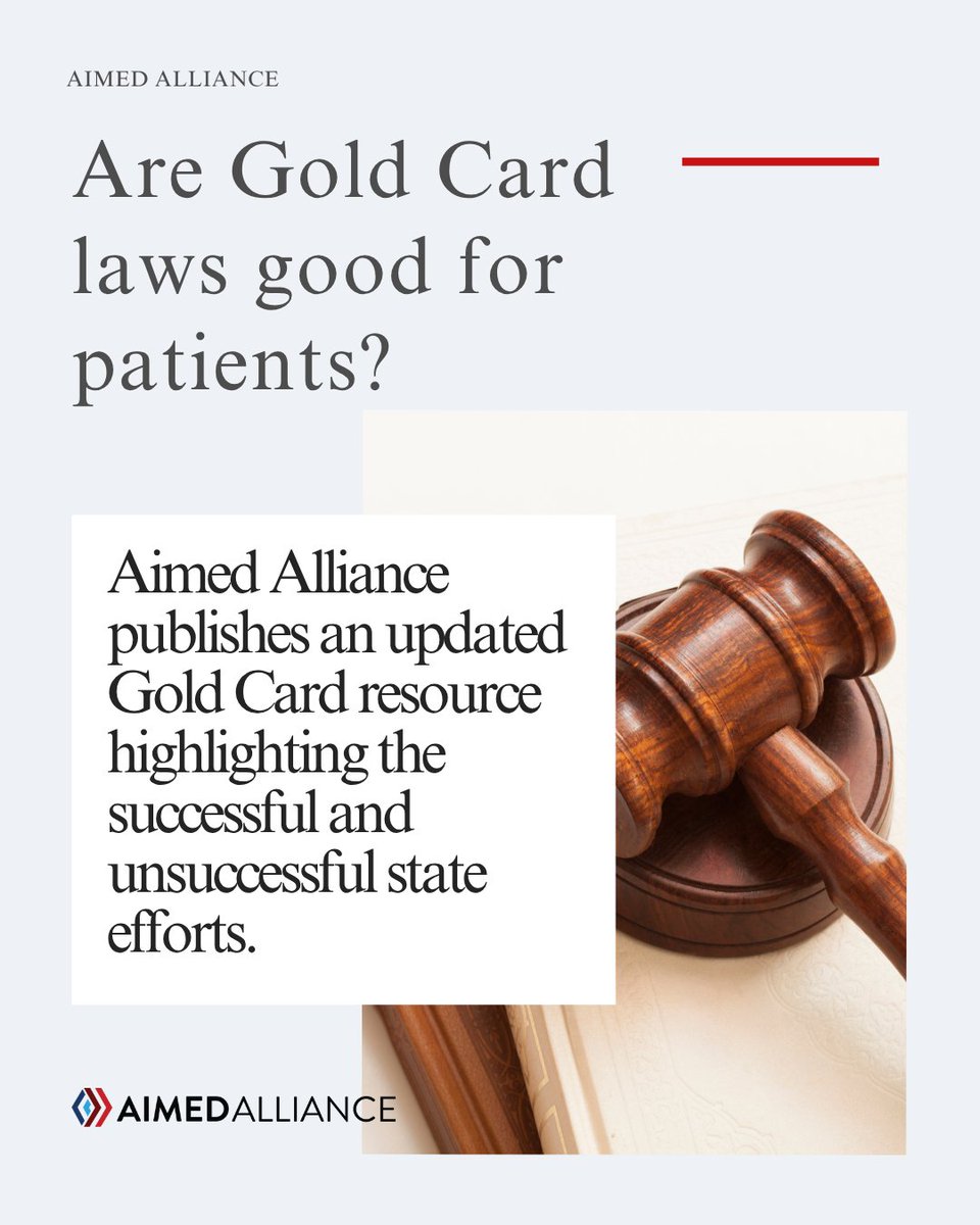 aimedalliance's tweet image. “Gold Card” laws can help alleviate the administrative burden associated with prior authorization. Do you know what your state is doing to pass “Gold Card” legislation? Head to our website to learn more:
aimedalliance.org/aimed-alliance…