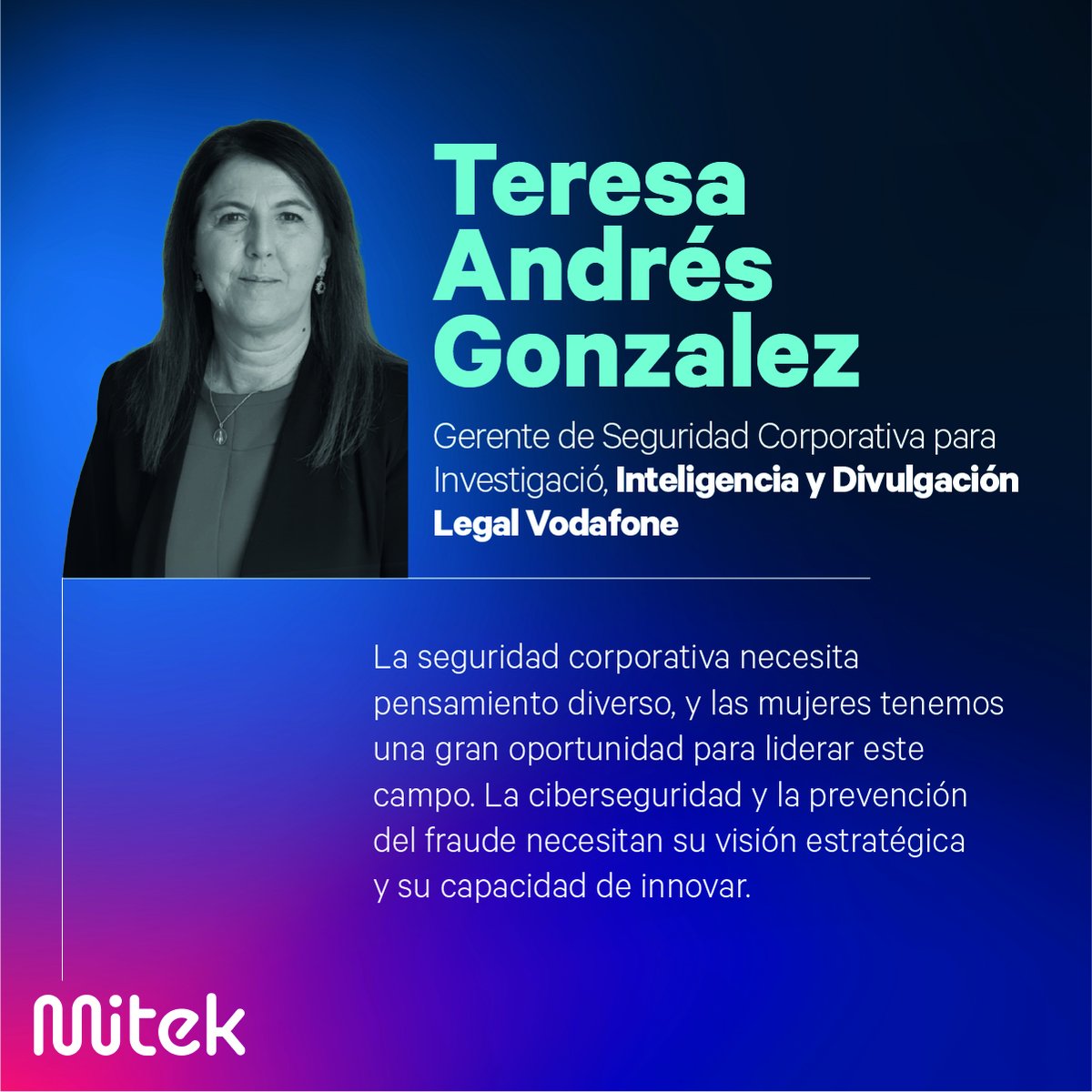 🔒 @Teresa Andrés Gonzalez gestiona investigaciones clave y protege activos estratégicos en Vodafone España. Forma parte de nuestras «25 Women to Watch in #Fraud Prevention». No te lo pierdas, las 25 tienen mucho que decir 👉 ow.ly/c9eS50W6lLN