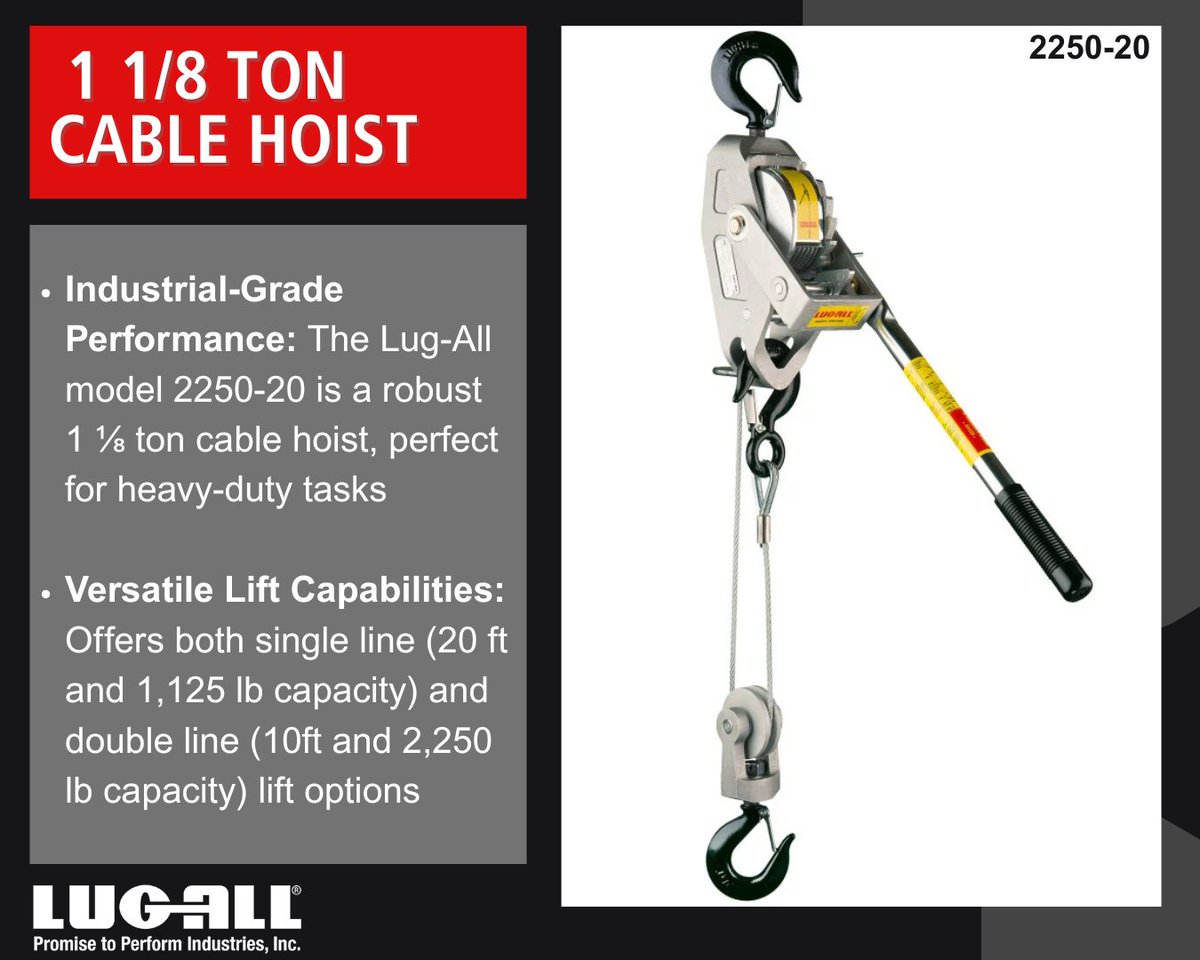 Check out the Lug-All model 2250-20, an industrial-grade 1-1/8 ton cable come along ratchet winch hoist!  Made in the USA with 7x19 aircraft cable and an aluminum alloy main frame, it's designed for easy cleaning and maintenance while ensuring user safety. #lugall #cablehoists