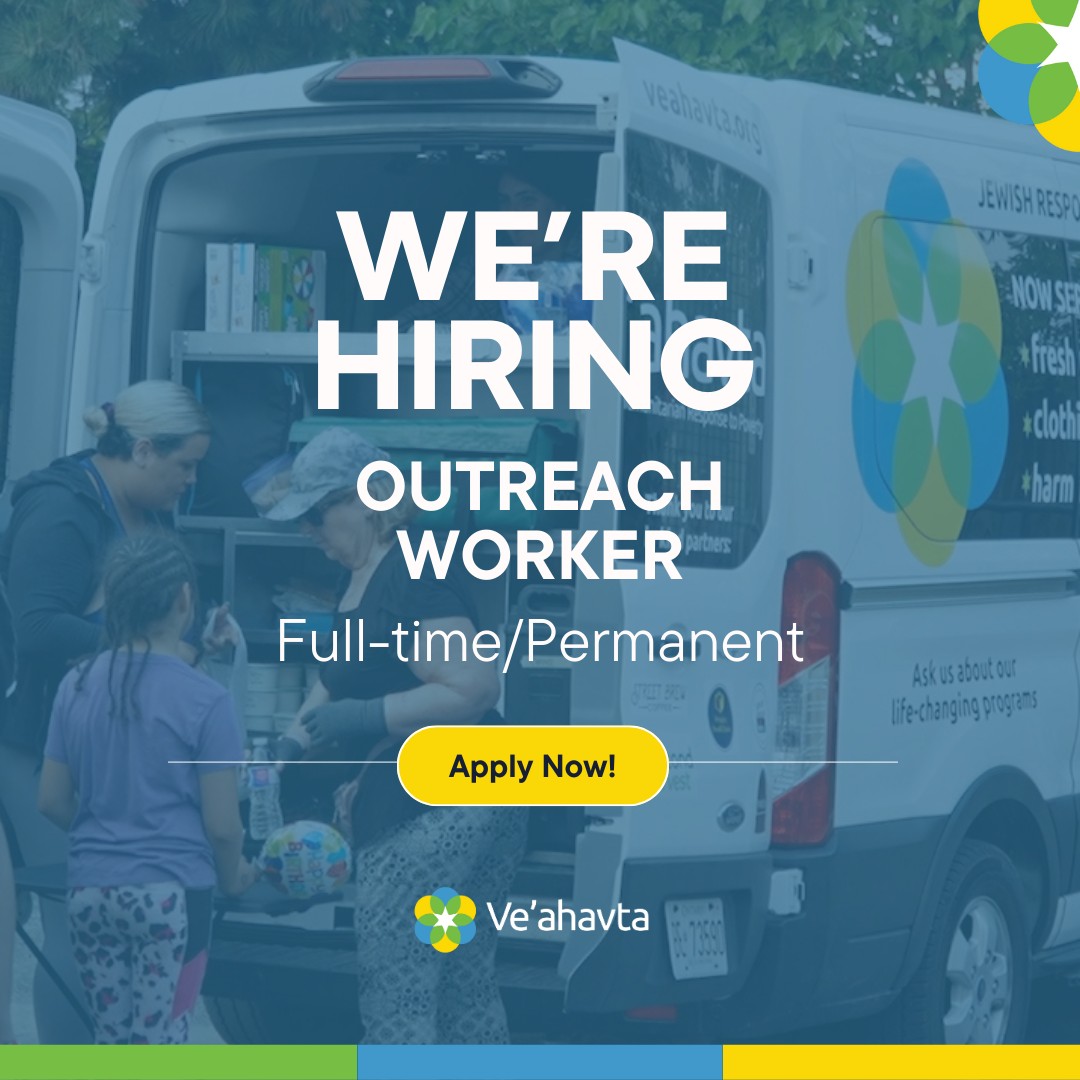 We're hiring! Ve'ahavta has an opening for a Full-time/Permanent Outreach Worker. Come join our Mobile Jewish Response to Homelessness outreach van team and make a deep impact on people in our city who are facing poverty &amp; homelessness. Apply today! 👉 bit.ly/48R52px