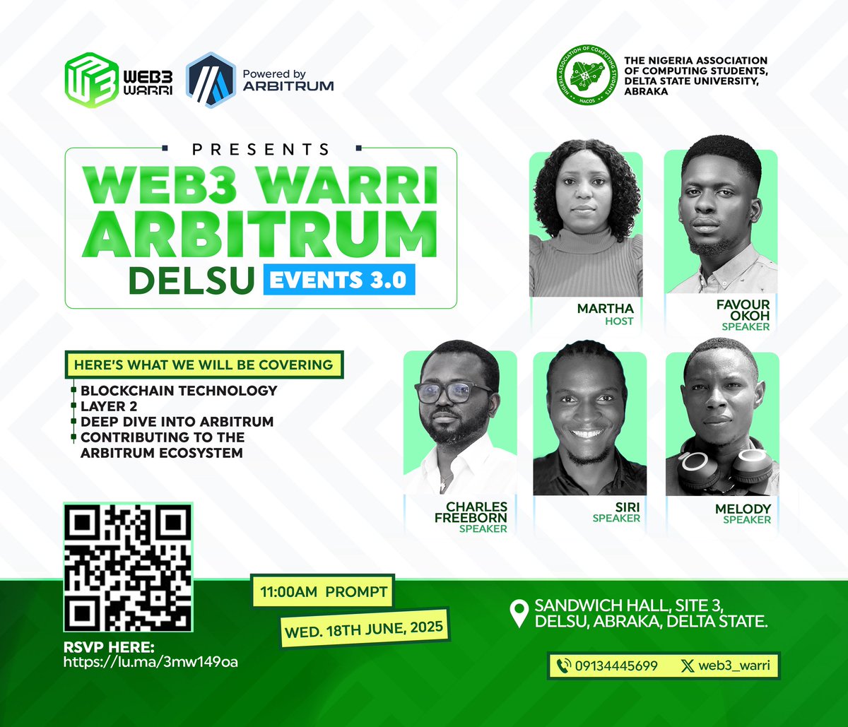 web3 Warri (@web3_warri) on Twitter photo Announcing the lineup of speakers for the Arbitrum event at the Delta State University - DELSU, Abraka
Host <a href="/FreebornMartha/">Martha Omoerherhe Freeborn</a> , co-host and speaker <a href="/_favourz/">Favour Okoh</a> , Siri, Melody and <a href="/charliecodes/">Charles Freeborn</a>
Excited to have <a href="/Fembros1/">Samuel (💙,🧡)</a> from <a href="/arbitrum/">Arbitrum</a> foundation will joining us also as a speaker Announcing the lineup of speakers for the Arbitrum event at the Delta State University - DELSU, Abraka
Host <a href="/FreebornMartha/">Martha Omoerherhe Freeborn</a> , co-host and speaker <a href="/_favourz/">Favour Okoh</a> , Siri, Melody and <a href="/charliecodes/">Charles Freeborn</a>
Excited to have <a href="/Fembros1/">Samuel (💙,🧡)</a> from <a href="/arbitrum/">Arbitrum</a> foundation will joining us also as a speaker