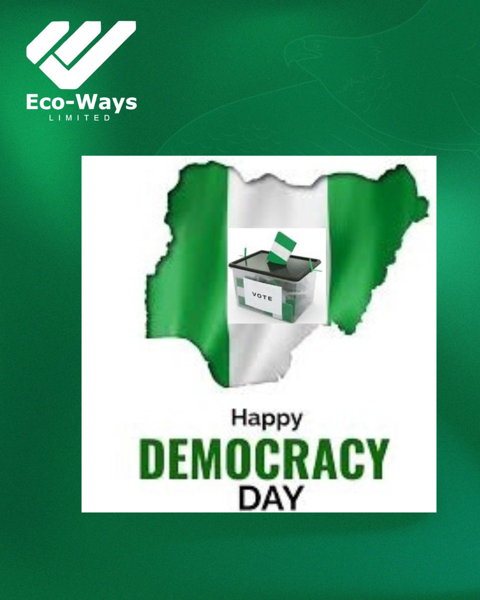 EcoWaysLimited's tweet photo. Today, we commemorate Nigeria's Democracy,, honoring the resilience and aspirations of our nation towards a united, &amp; prosperous future. 

Let's reflect on our journey, celebrate our diversity,
Together, we rise. Together, we build.

Cheers to a greater Nigeria. https://t.co/bZO1Ykrp5K