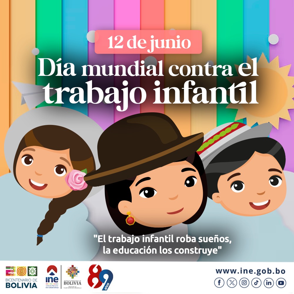 La infancia es un período de crecimiento y aprendizaje, no de trabajo y explotación.
#DíaMundialContraElTrabajoInfantil 
#INEBolivia 
#12deJunio