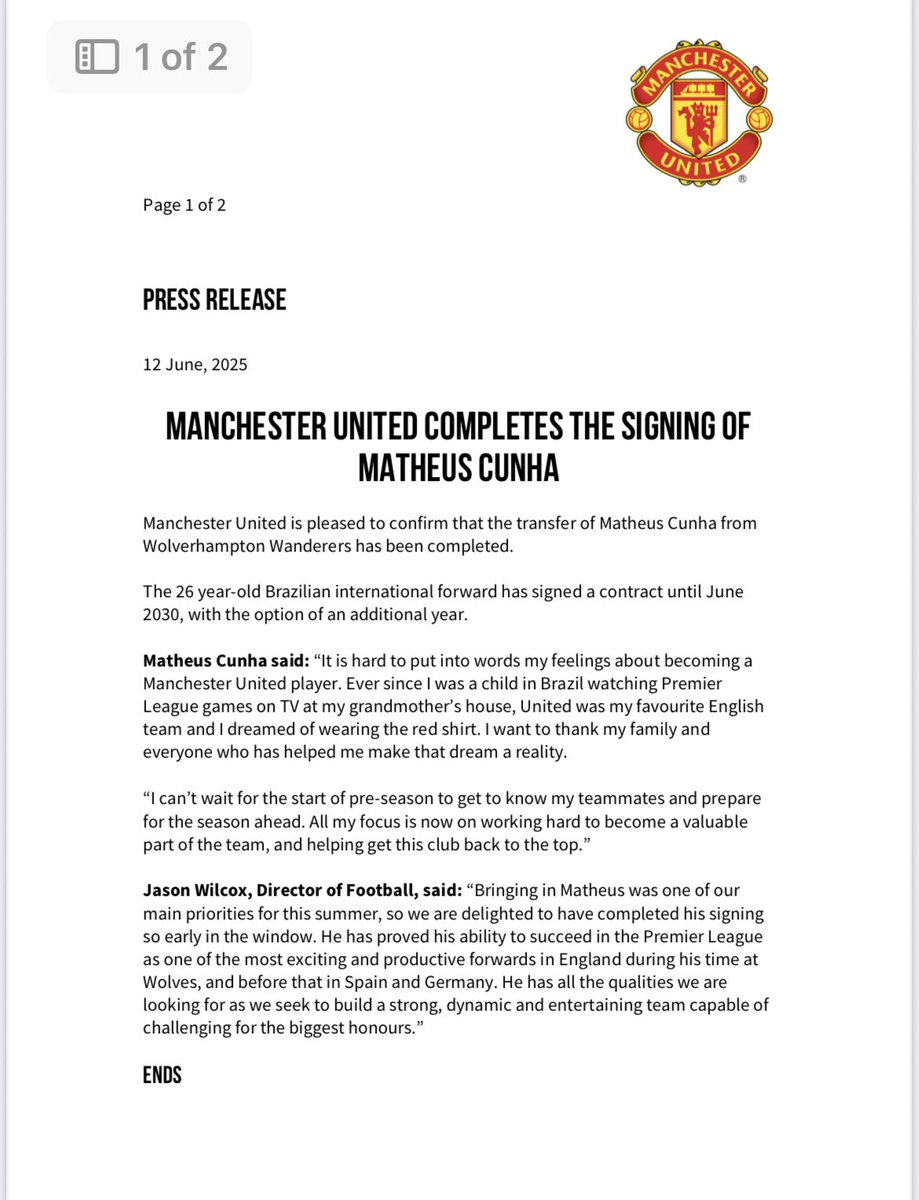 Laurie Whitwell (@lauriewhitwell) on Twitter photo #MUFC complete £62.5m signing of Matheus Cunha, on a contract to 2030 +1.
Jason Wilcox, named as DoF publicly for first time: “He has all the qualities we are looking for as we seek to build a strong, dynamic + entertaining team.” ⬇️
🔗 nytimes.com/athletic/64213… 🔗 #MUFC complete £62.5m signing of Matheus Cunha, on a contract to 2030 +1.
Jason Wilcox, named as DoF publicly for first time: “He has all the qualities we are looking for as we seek to build a strong, dynamic + entertaining team.” ⬇️
🔗 nytimes.com/athletic/64213… 🔗
