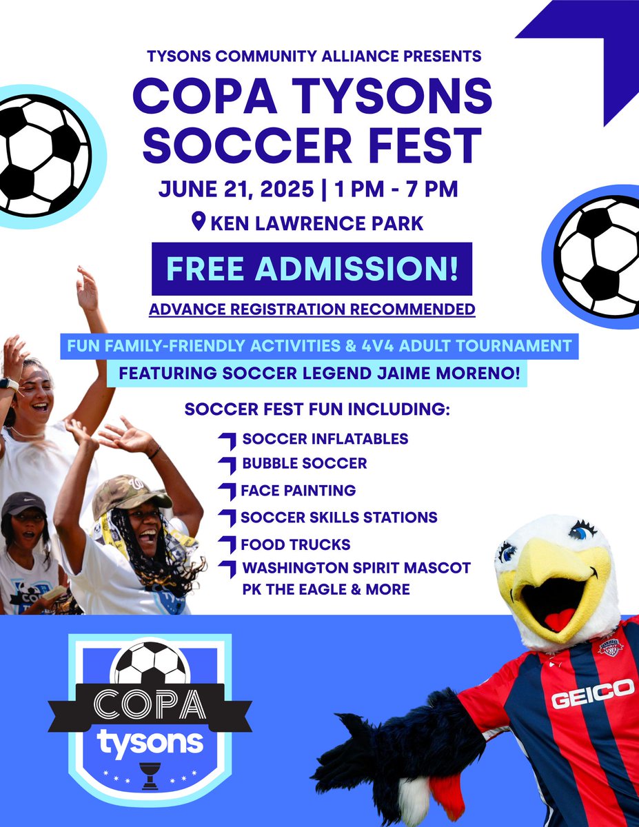Mark your calendars for COPA Tysons on June 21 from 1–7PM at Ken Lawrence Park!

Join us for a free day of soccer, music, food trucks, raffles &amp; more—right here in the heart of #TysonsVA. Hope to see you there💚

eventbrite.com/e/copa-tysons-…