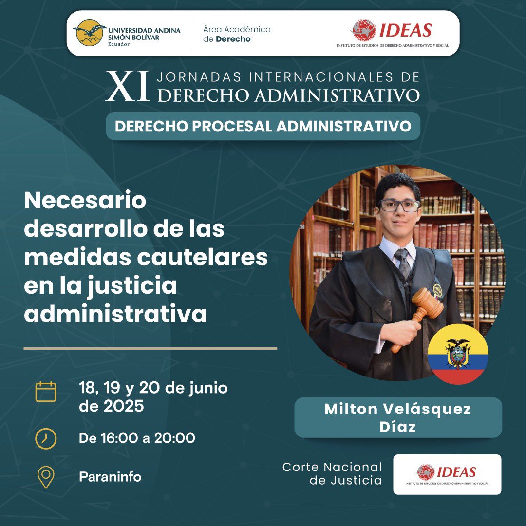 IDEAS (@ldeas_ec) on Twitter photo En las XI Jornadas Internacionales de Derecho Administrativo contaremos con la participación de Milton Velásquez Díaz <a href="/VelasquezDiazM/">Milton Velásquez Díaz</a>.
📆18 al 20 junio
⏰ 16h00 a 20h00
📍Universidad Andina Simón Bolívar - Sede Ecuador <a href="/uasbecuador/">Universidad Andina</a>
✍🏻 Inscríbete: uasb.edu.ec/uasb_agenda/xi… En las XI Jornadas Internacionales de Derecho Administrativo contaremos con la participación de Milton Velásquez Díaz <a href="/VelasquezDiazM/">Milton Velásquez Díaz</a>.
📆18 al 20 junio
⏰ 16h00 a 20h00
📍Universidad Andina Simón Bolívar - Sede Ecuador <a href="/uasbecuador/">Universidad Andina</a>
✍🏻 Inscríbete: uasb.edu.ec/uasb_agenda/xi…