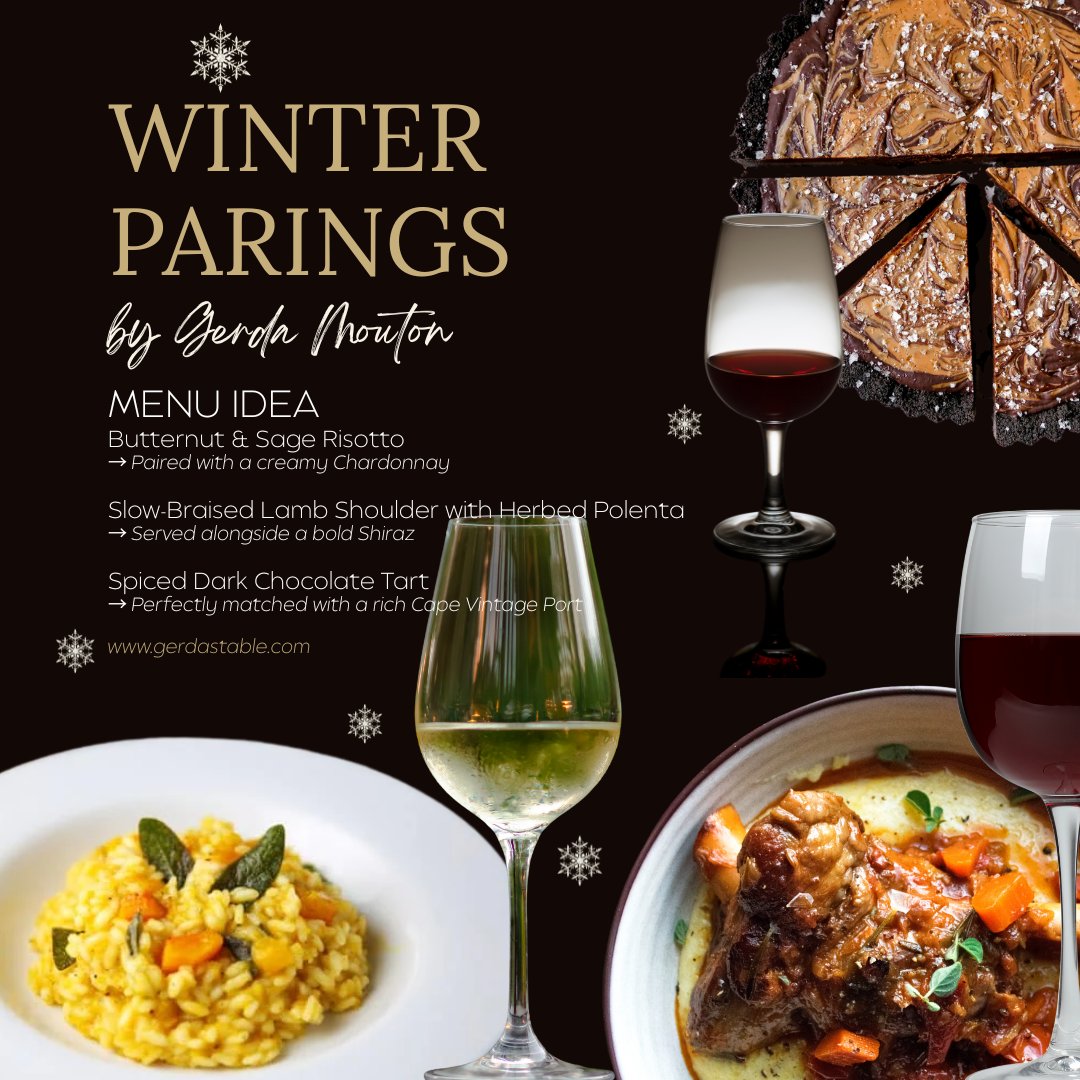 TableGerdas's tweet image. Winter Warmth, West Coast Charm! Enjoy a cosy dining experience with Chef Gerda Mouton’s curated menu:

Butternut Sage Risotto &amp;amp; Chardonnay
Lamb Shoulder &amp;amp; Shiraz
Dark Chocolate Tart &amp;amp; Cape Vintage Port

West Coast 073 319 5102 info@gerdastable.com #WinterDining #FoodAndWine