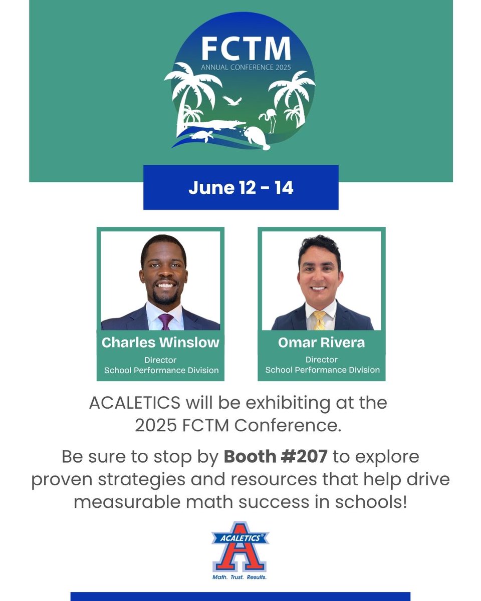 ACALETICSMath's tweet image. Educators, we’ll see you at #FCTM2025!

We’re excited to join hundreds of passionate teachers and leaders working to improve math education across Florida for K-12 students.

📍Find us at Booth 207 and let’s reimagine what’s possible for your school.

#ACALETICSMath #FCTMATH