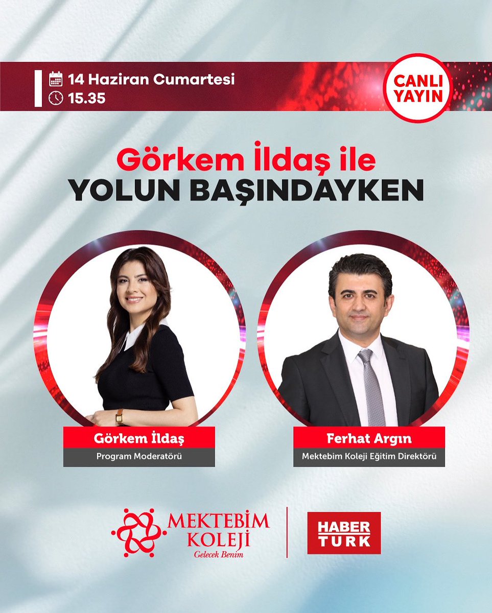 14 Haziran Cumartesi günü saat 15:35’te Habertürk ekranlarında yayınlanan Görkem İldaş ile Yolun Başındayken programına canlı yayın konuğu oluyorum.

LGS ve YKS sınavları ile ilgili merak edilen soruların yanıtlarını birlikte arayacağız.

<a href="/gorkemildas/">Gorkem Ildas</a> <a href="/Haberturk/">Habertürk</a>