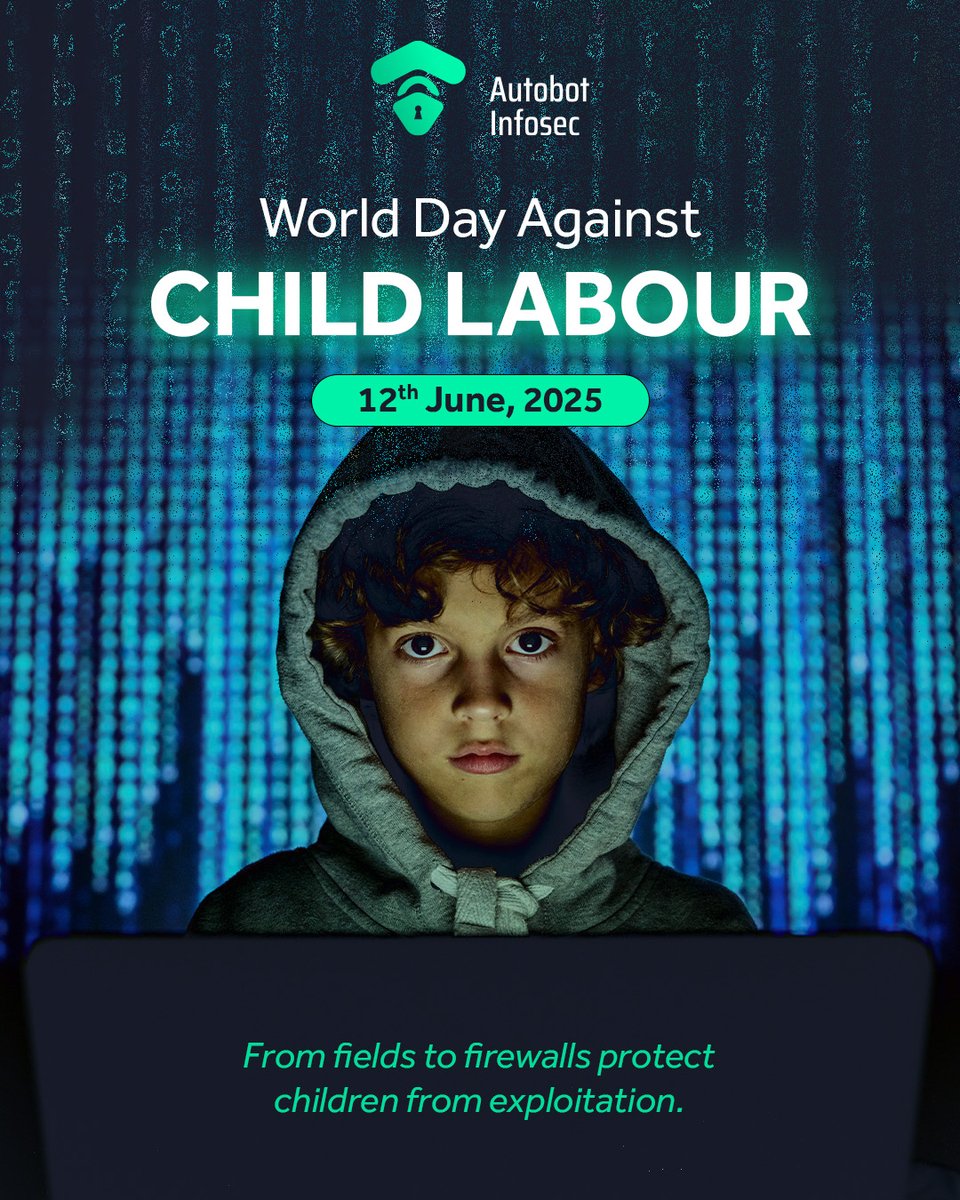 AutobotInfosec's tweet image. On this #WorldDayAgainstChildLabour let’s not forget exploitation doesn’t end at the factory gate, it follows children into the digital world too.
Let’s raise our voices to protect every child from hidden online dangers, digital trafficking & #CyberExploitation.
#AutobotInfosec
