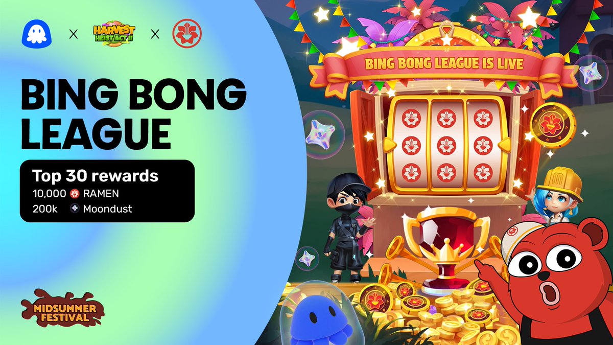 Announcing the Bing Bong League —featuring <a href="/ramen_finance/">Ramen 🍜</a>

The Legion of Heisters manifesto is as follows:
🌱 Plant fruits onchain
🥷 Steal from fellow Heisters
🏆 Climb the leaderboard

The top 30 Heisters will walk away with
🍥 10,000 $RAMEN
💎 0.1 Ξ worth of Moondust
🎖️