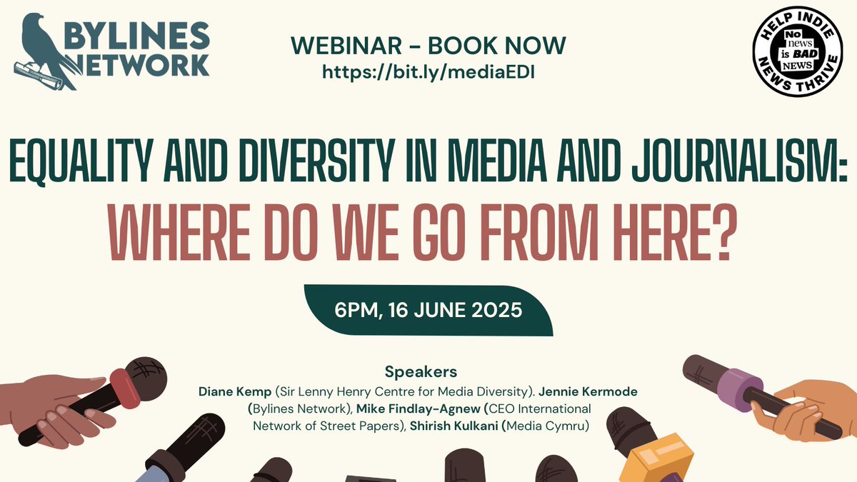 Are you worried about equality and diversity in media and journalism? With MSM facing an uncertain future, perhaps it’s time for us to shape it. Come and hear our brilliant panel's thoughts on turning the pyramid on its head and giving us all a voice 📣👇
tickettailor.com/events/bylines…