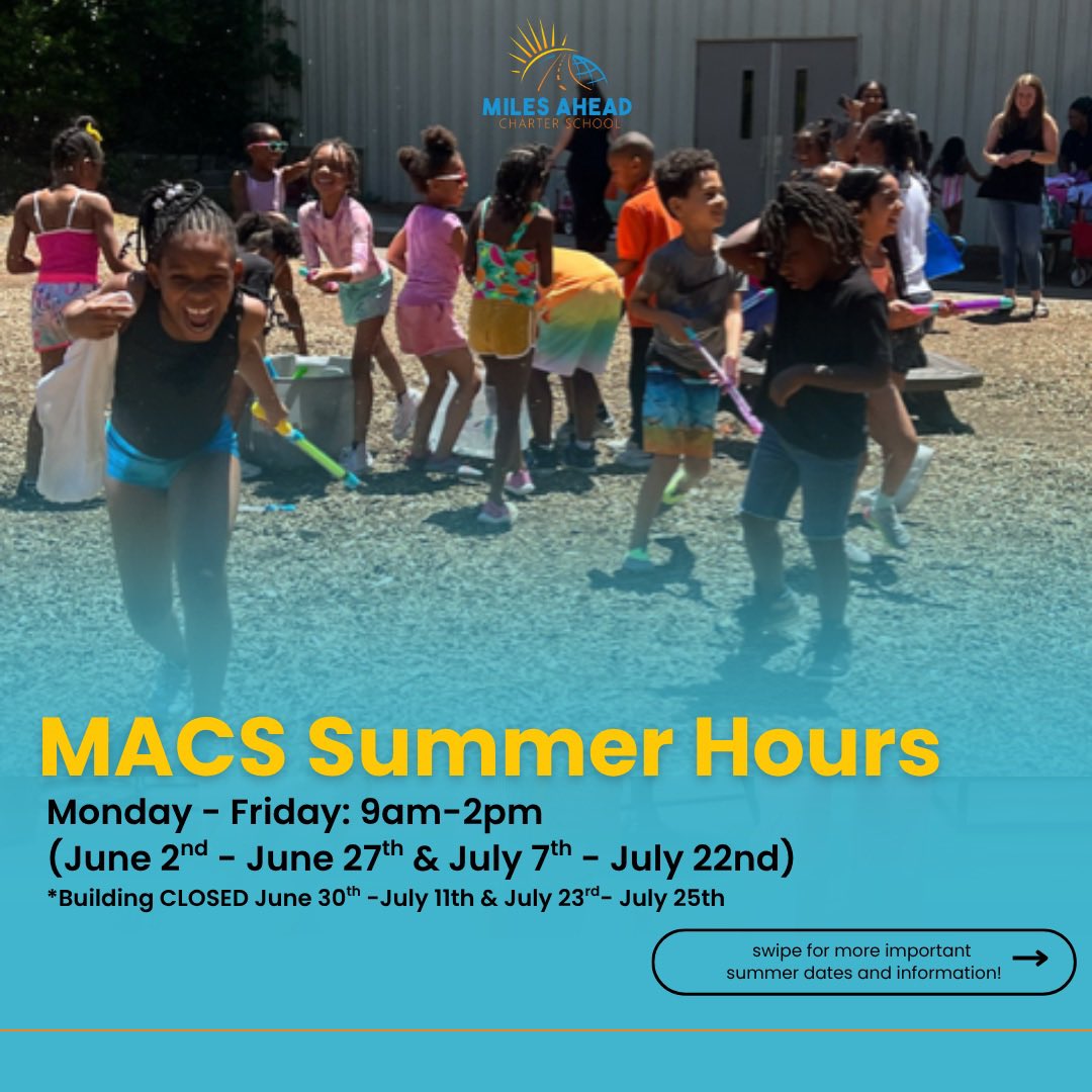 MilesAheadCS's tweet photo. ☀️ School may be out for summer, but there’s still some important dates ahead! MACS families, new and returning, please review the following slides for more information.

Mark your calendars for all that is ahead and don’t hesitate to reach out to us if you have any questions! https://t.co/WmpXmvpeSm