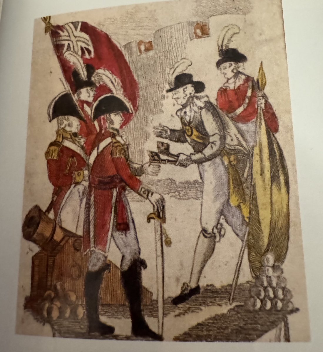 arguk19th's tweet image. Esta es una ilustración de las Invasiones Inglesas que no había visto antes. En la imagen se está entregando las llaves del Fuerte de BsAs al Mayor General británico W. Carr Beresford.

Fue producida por la editorial T&amp;amp;R Hughes en 1806, de manera casi simultánea a la ocupación.