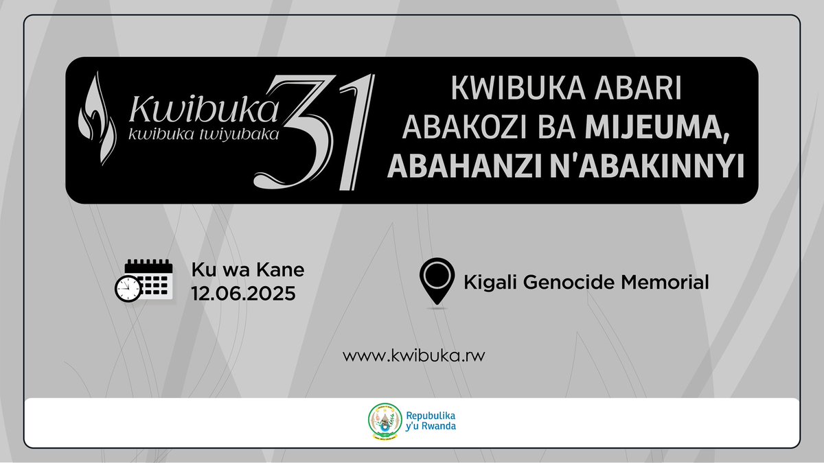Ministry of Youth and Arts | Rwanda (@rwandayoutharts) on Twitter photo #Kwibuka31: Uyu munsi, MoYA ifatanyije na <a href="/Rwanda_Sports/">Ministry of Sports|Rwanda</a>, <a href="/Unity_MemoryRw/">Ministry of National Unity and Civic Engagement</a>, n’ibigo bizishamikiyeho turibuka abari abakozi ba MIJEUMA, Urubyiruko, Abahanzi, Abakinnyi, n’Abanyamuryango b’amashyirahamwe bazize Jenoside yakorewe Abatutsi mu 1994.
Link: youtube.com/live/pXO1dQt9N… #Kwibuka31: Uyu munsi, MoYA ifatanyije na <a href="/Rwanda_Sports/">Ministry of Sports|Rwanda</a>, <a href="/Unity_MemoryRw/">Ministry of National Unity and Civic Engagement</a>, n’ibigo bizishamikiyeho turibuka abari abakozi ba MIJEUMA, Urubyiruko, Abahanzi, Abakinnyi, n’Abanyamuryango b’amashyirahamwe bazize Jenoside yakorewe Abatutsi mu 1994.
Link: youtube.com/live/pXO1dQt9N…