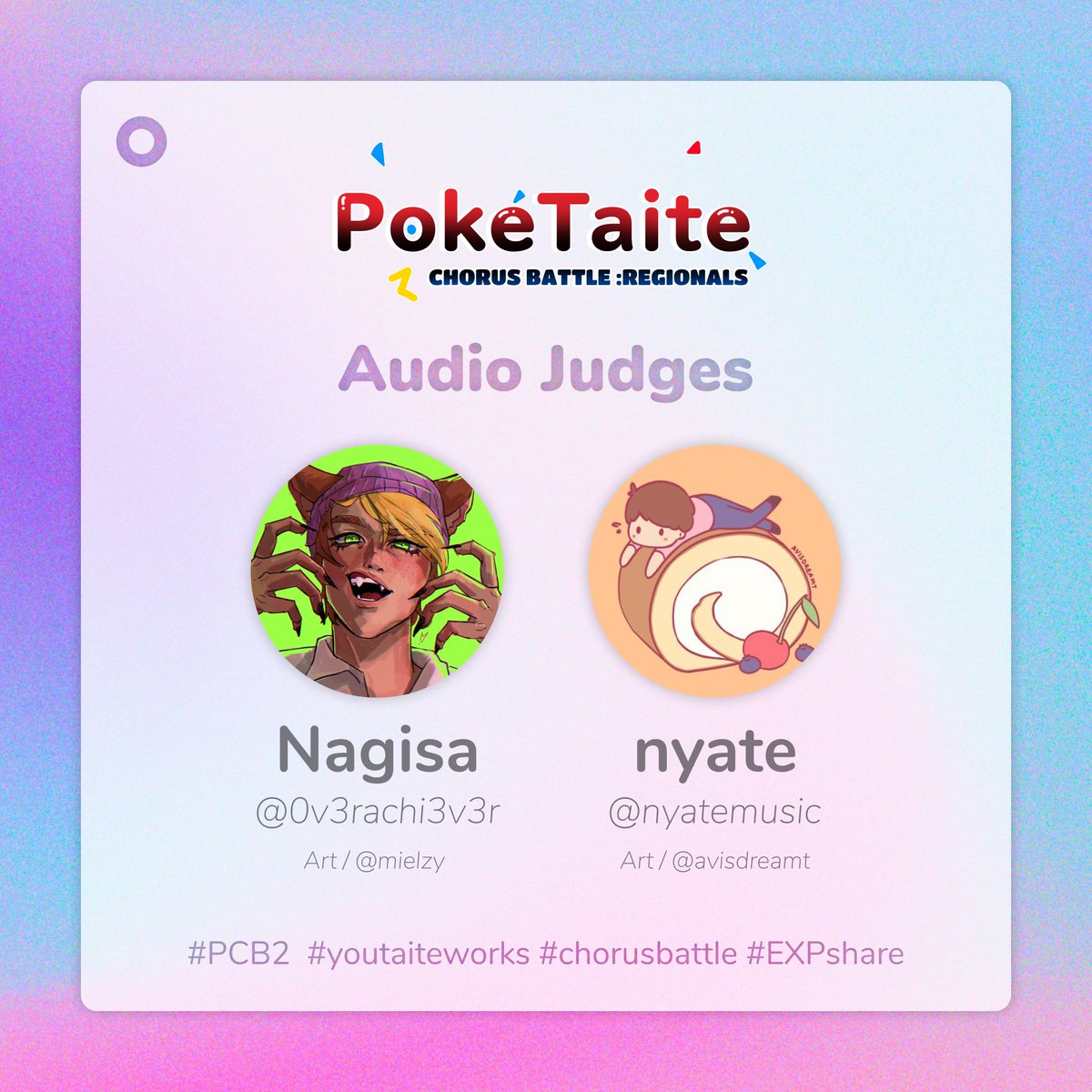 CB_PokeTaite's tweet image. Hey Trainers! Say hello to the mix judges: Nagisa and 𝗻𝘆𝗮𝘁𝗲!
Note that the rubrics are still the same for round 3.
#PCB2 #chorusbattle