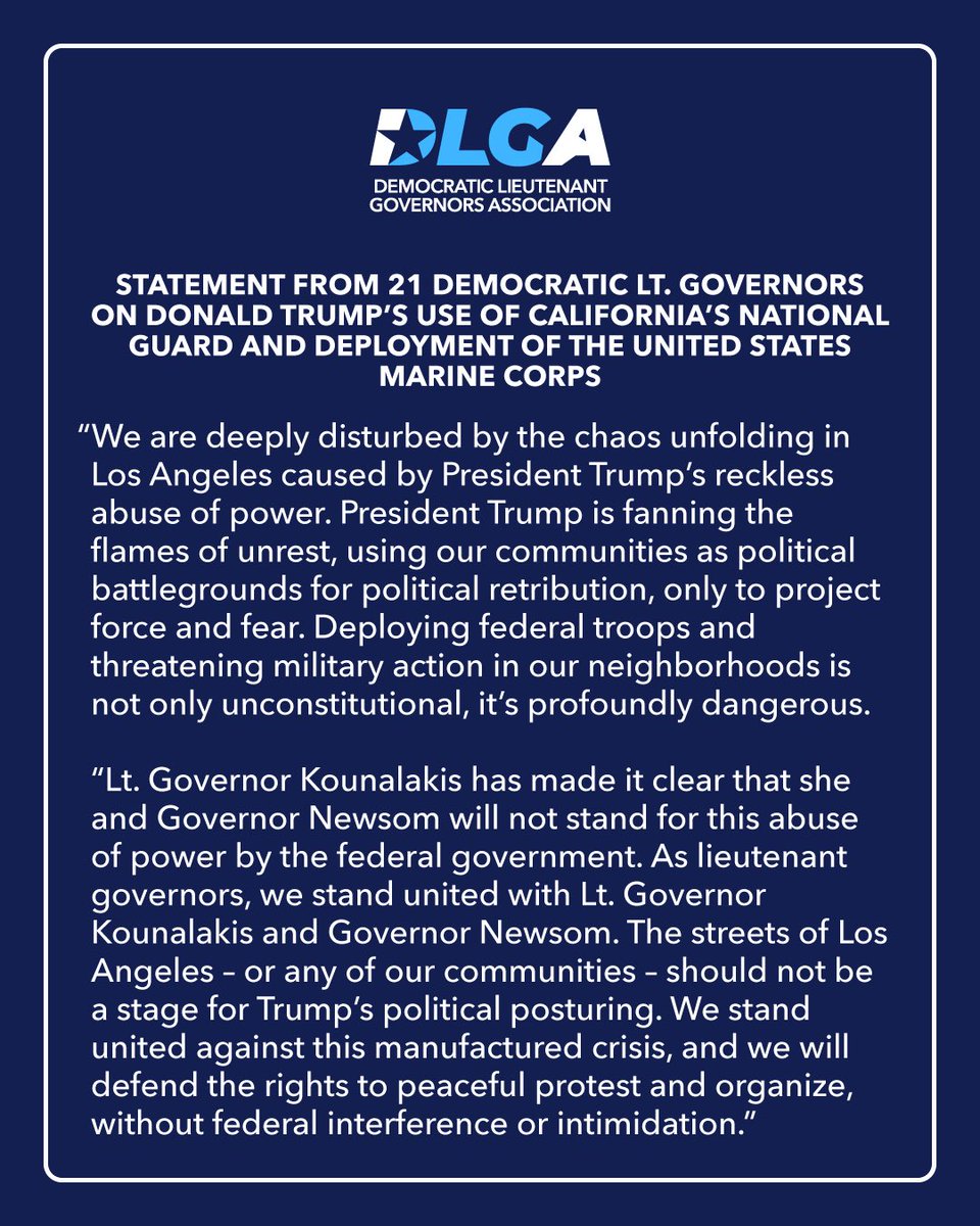 Our Democratic Lt. Governors stand united in solidarity with CA Lt. Governor <a href="/EleniForCA/">Eleni Kounalakis</a> against Donald Trump’s abuse of power.