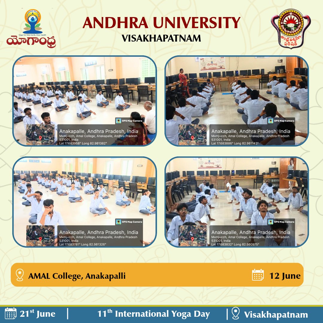 As a part of the #YOGANDHRA2025 initiative, Common Yoga Protocol (CYP) session is conducted across all affiliated colleges of #AndhraUniversity to promote holistic wellness and prepare for the #InternationalYogaDay 2025 #Yogandhra