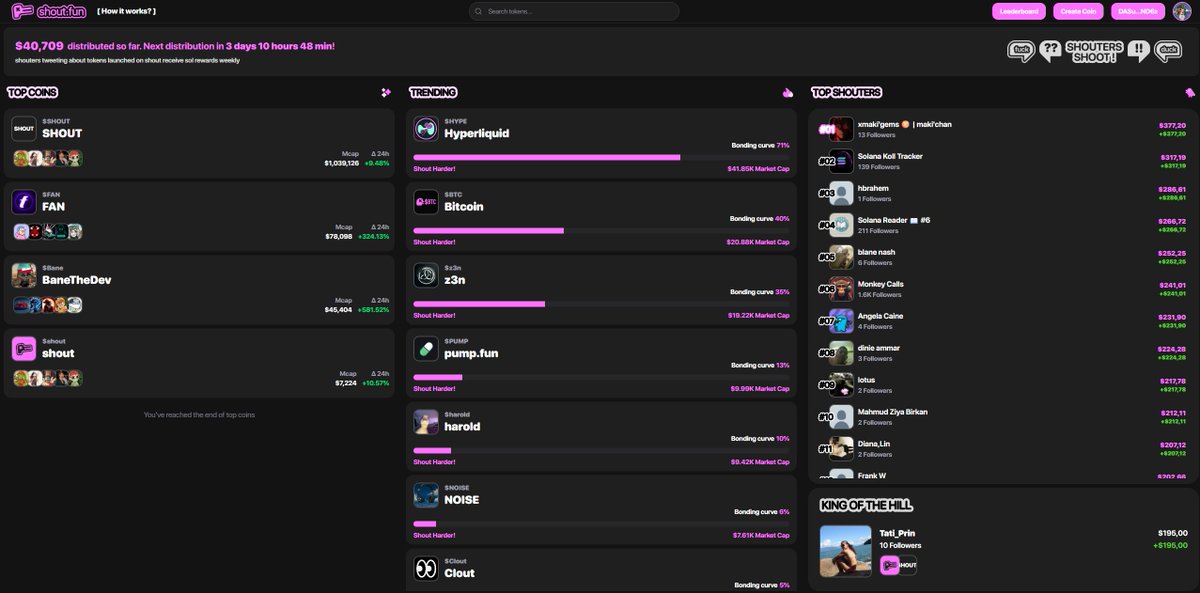 <a href="/shoutdotfun/">Shout</a>  is new Kaito/Loud play. SocialFi is new CT meta, so don't fade it. 
10% total supply of coins created there goes to top25 shouters.

Personally bought some $shout at 900k mcap as degen play, but $bane might be a beta play also. NFA, just degen.