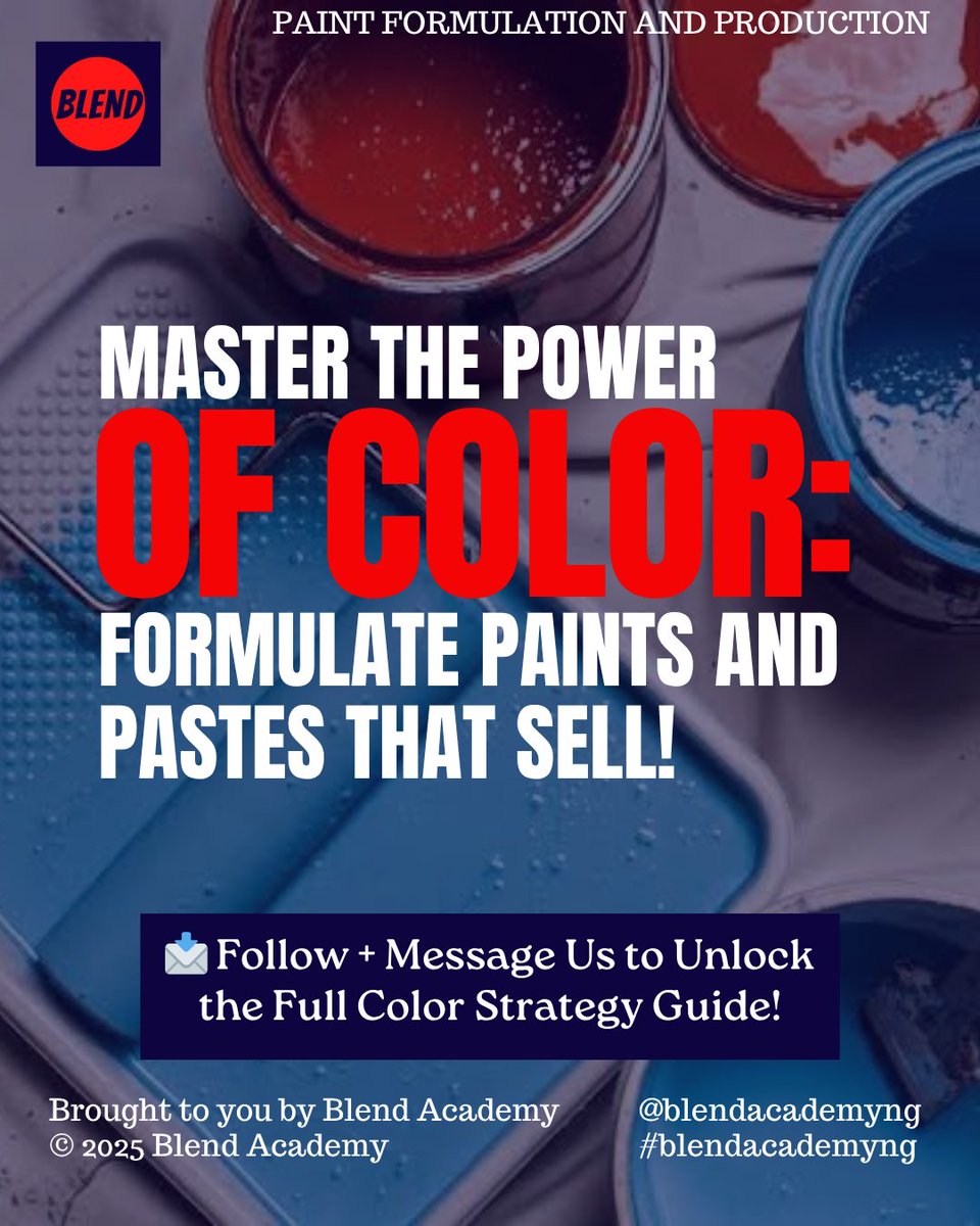 blendacademyng's tweet photo. 🎨 Want your paint &amp; paste to stand out, attract buyers, and boost sales?

It all starts with mastering Color Theory!

🔥 Comment “COLOR” for a FREE guide.

📩 DM us for expert training &amp; proven formulas!

#BlendAcademyNG #ColorThatSells #PaintFormulation #PaintProduction https://t.co/Wg0fh1wqrX