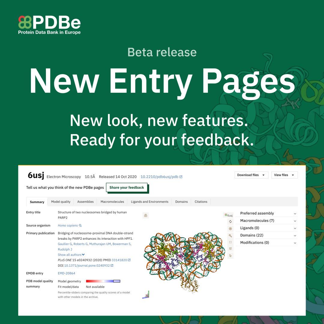 🚀 PDBe Entry Pages have a new look! 
We've redesigned them to be more user-friendly, better integrated, and more informative.
 🔍 Try the beta now: wwwdev.ebi.ac.uk/pdbe/entry/pdb…
 🗣️ Tell us what you think!
Also on Mobile! 

#PDBeBeta #Bioinformatics #Biochemistry #Science