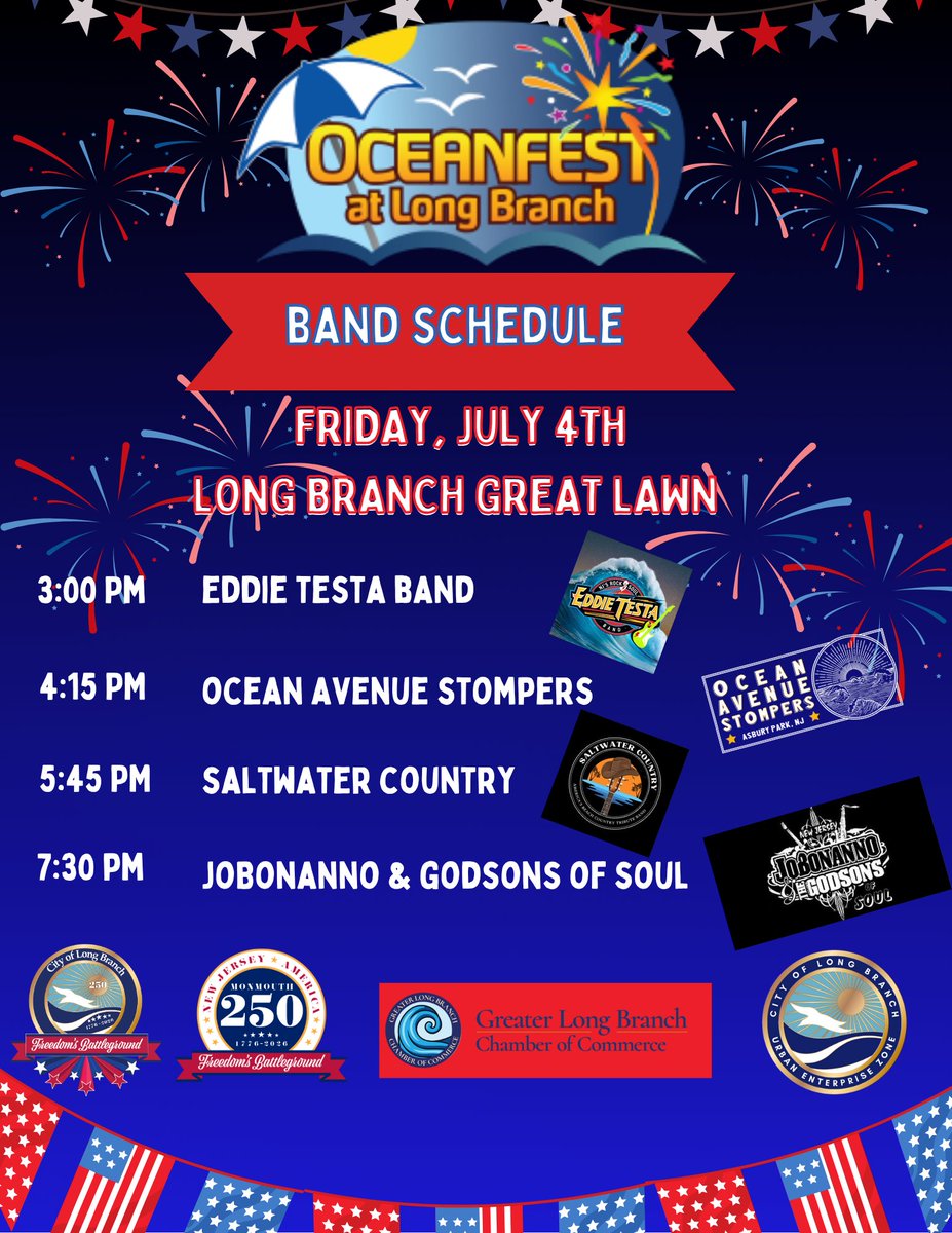 Get ready for Oceanfest at Long Branch!
Friday, July 4, 2025 · 1-9 PM
Long Branch Great Lawn &amp; Promenade
Family Activities, Live Bands, Food Trucks &amp; Fireworks at Dusk!