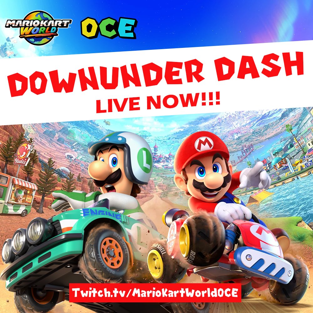 MKW_OCE's tweet image. 🏁Start Your Engines!🏁

We are LIVE with the FIRST OCE Mario Kart World Event - The Downunder Dash!

Check out the stream at Twitch•Tv/MarioKartWorldOCE for all the action!

#MarioKartWorld #NintendoSwitch2 #OCE
