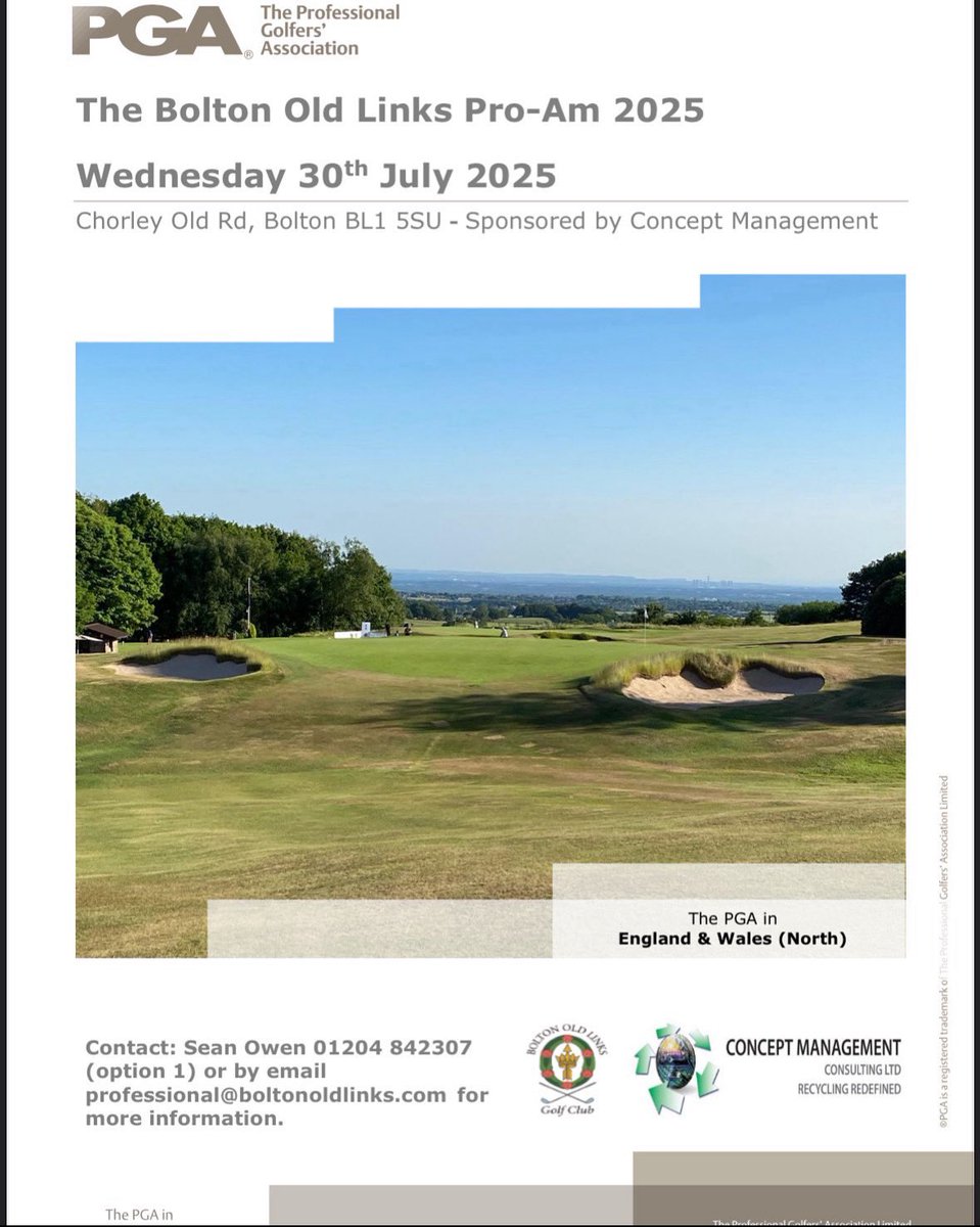 Date for your diaries … we are pleased to announce this year we shall be hosting our very own PGA Pro Am in association with “Concept Management” here <a href="/BoltonOldLinks/">Bolton Old Links Golf Club</a> which will take place ahead of this years <a href="/PGANorth/">PGANorth</a> PGA North Region Championships⛳️🏌️‍♂️