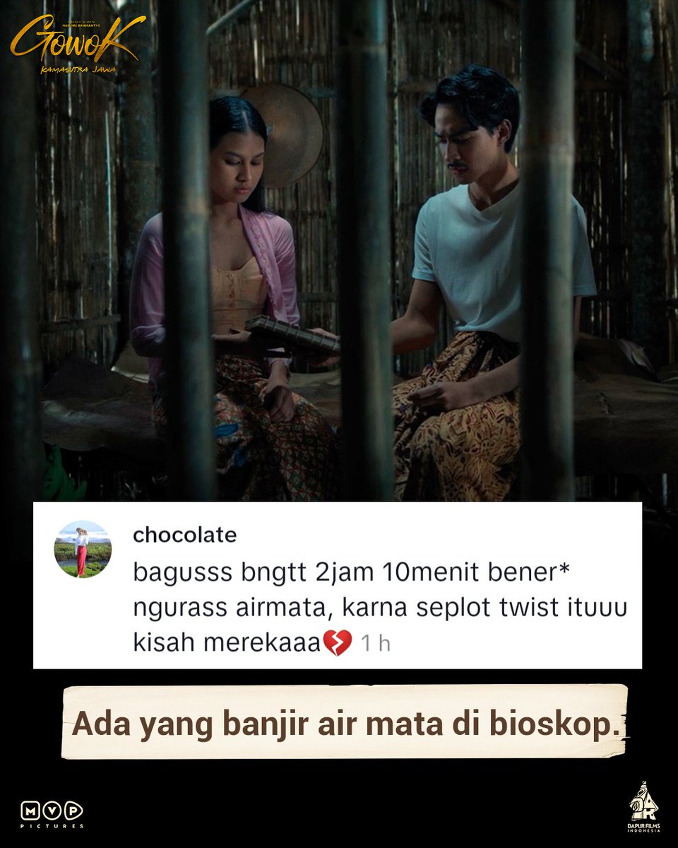 mvppictures's tweet photo. Maaf ya, udah bikin kalian jatuh cinta dan jatuh air mata karena cerita Gowok. 😭😭😭
Terima kasih yang sudah nonton. Buat yang mau nonton, yuk ajak temen, keluarga dan pasangan kamu biar makin seru.
Film Gowok Kamasutra Jawa masih tayang di seluruh bioskop Indonesia.
#Gowok #GowokKamasutraJawa #MVPPictures #DapurFilm