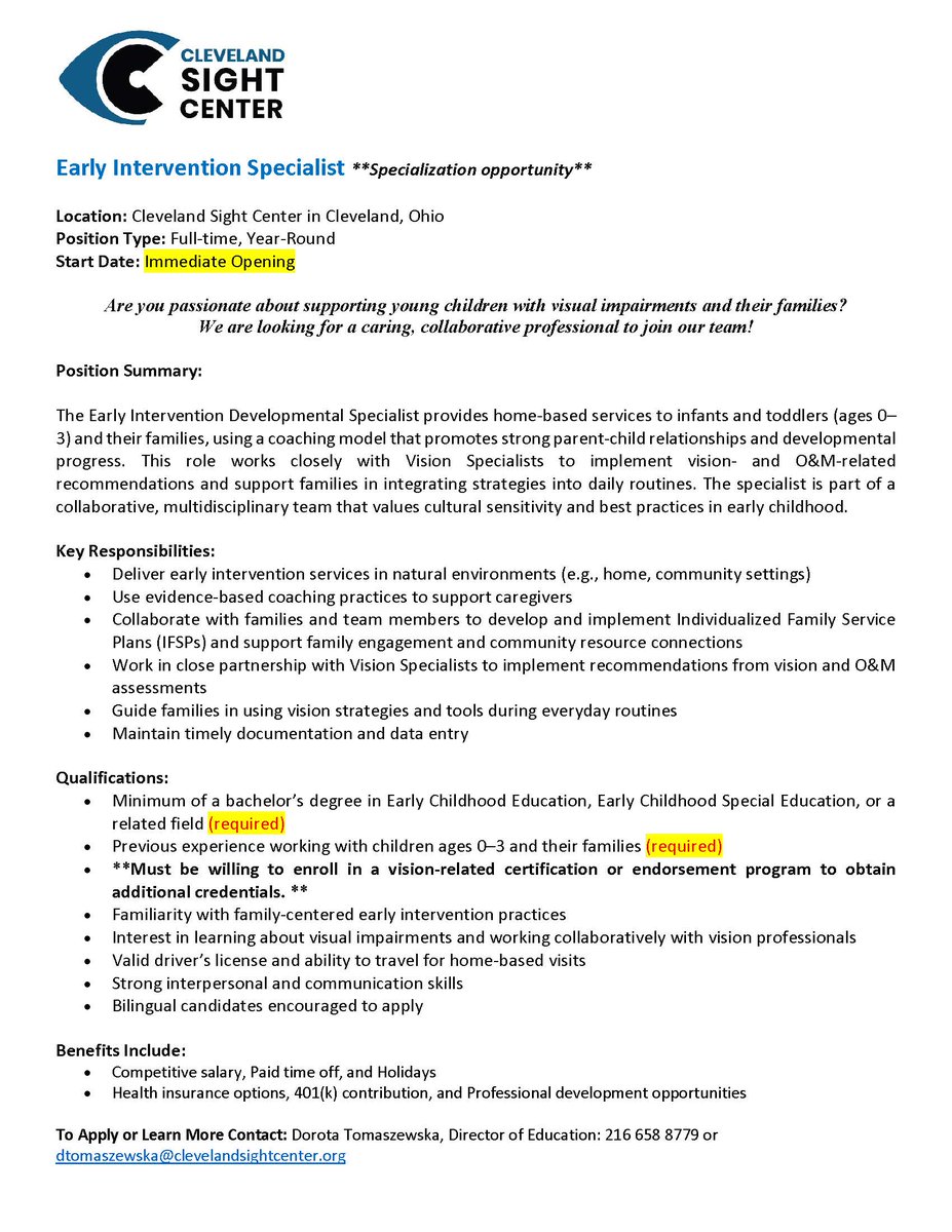 Early Intervention Specialist needed <a href="/ClevelandSight/">ClevelandSightCenter</a>!
