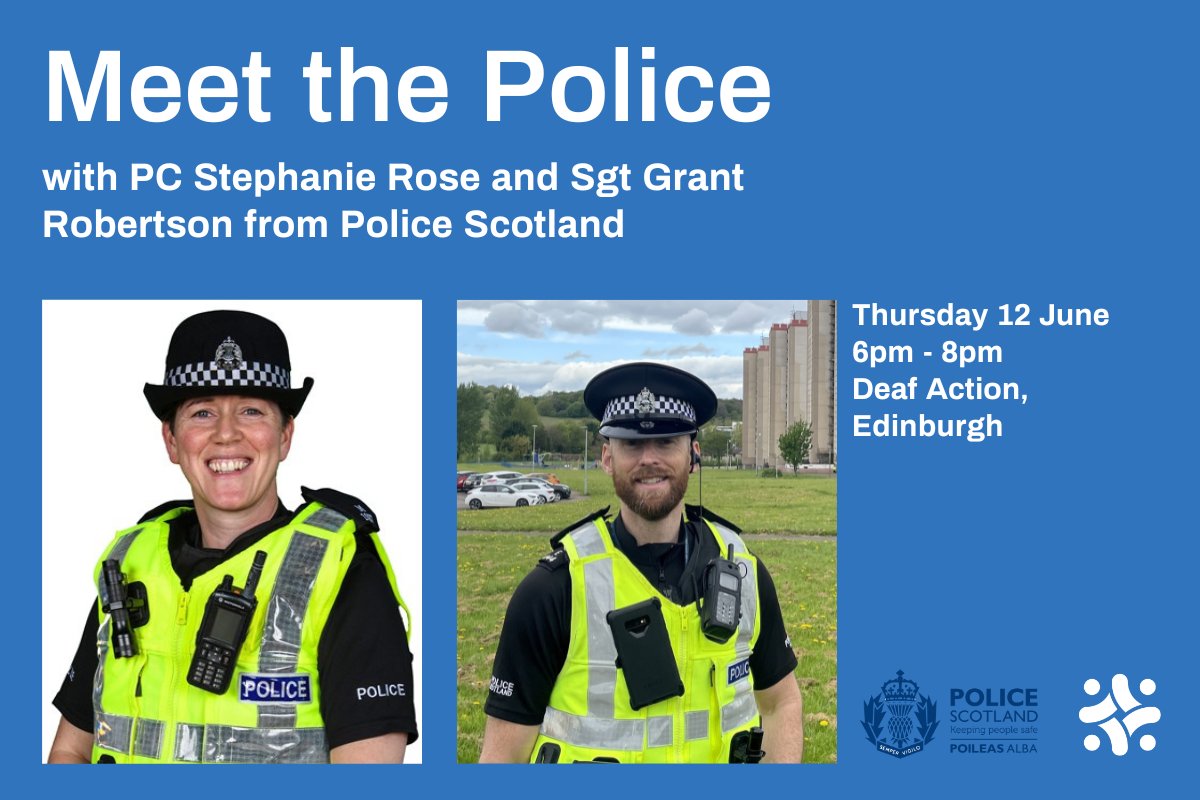 Deaf Action (@deafaction) on Twitter photo Join police officers from <a href="/PoliceScotland/">Police Scotland</a> for an informal 'Meet the Police' event ๐
๐ฎโโ๏ธ Meet the Police
๐ Tonight
๐ 6pm - 8pm
๐ Deaf Action, 49 Albany Street, Edinburgh, EH1 3QY
For more info, please visit our website (includes BSL) ๐
deafaction.org/our-events/meeโฆ Join police officers from <a href="/PoliceScotland/">Police Scotland</a> for an informal 'Meet the Police' event ๐
๐ฎโโ๏ธ Meet the Police
๐ Tonight
๐ 6pm - 8pm
๐ Deaf Action, 49 Albany Street, Edinburgh, EH1 3QY
For more info, please visit our website (includes BSL) ๐
deafaction.org/our-events/meeโฆ