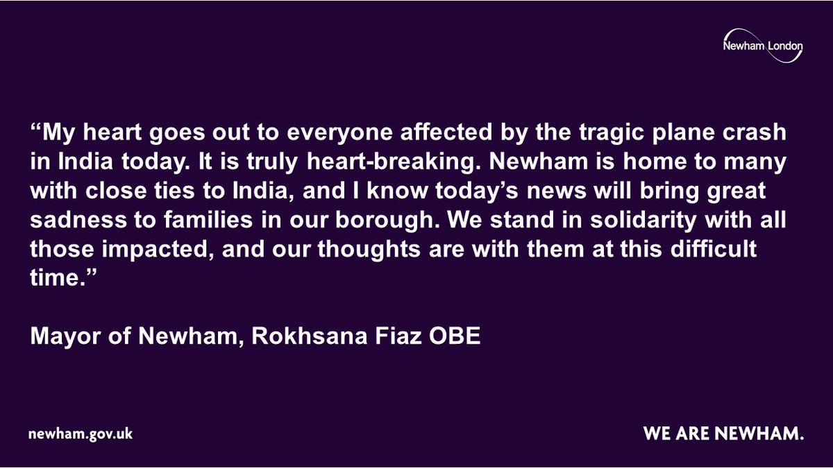 Newham London 💙 (@newhamlondon) on Twitter photo Newham Mayor <a href="/rokhsanafiaz/">Rokhsana Fiaz OBE</a> has issued a statement following today's terrible Air India plane crash.
The Foreign Office has set up a helpline for UK residents who are concerned about friends or family: 020 7008 5000. Newham Mayor <a href="/rokhsanafiaz/">Rokhsana Fiaz OBE</a> has issued a statement following today's terrible Air India plane crash.
The Foreign Office has set up a helpline for UK residents who are concerned about friends or family: 020 7008 5000.
