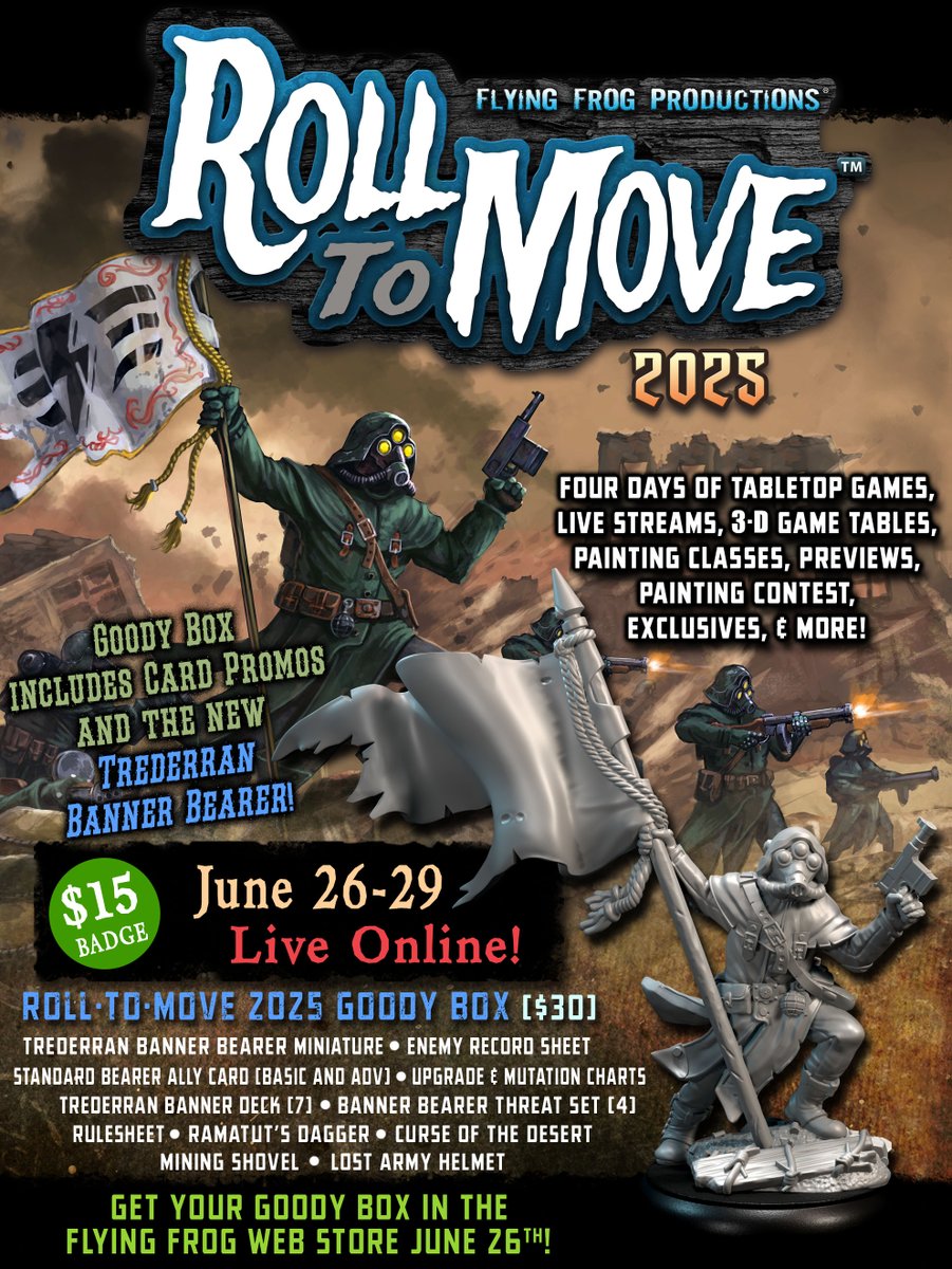 Our Online Game Convention, Roll-To-Move 2025 is June 26-29! Games over Zoom, Live Stream events, Painting Classes, Painting Contest, and the big Roll-To-Move Sale!
Badges and tickets available TODAY at 3PM PST on our Tabletop.Events page for Roll-To-Move 2025.

#tabletop
