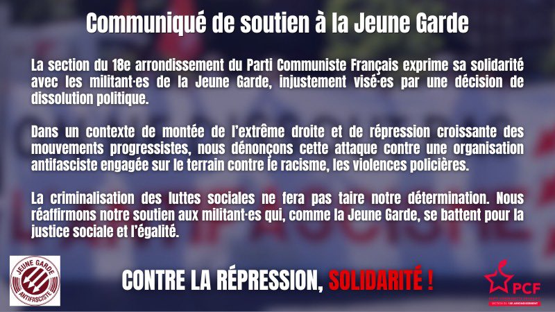 PCF Paris 18 (@pcfparis18) on Twitter photo On ne dissout pas l’antifascisme ✊🏼Tout notre soutien aux militant·es de la <a href="/jeune_garde/">Jeune Garde Antifasciste</a> ! Notre réaction à l’annonce de leur dissolution ⤵️ On ne dissout pas l’antifascisme ✊🏼Tout notre soutien aux militant·es de la <a href="/jeune_garde/">Jeune Garde Antifasciste</a> ! Notre réaction à l’annonce de leur dissolution ⤵️
