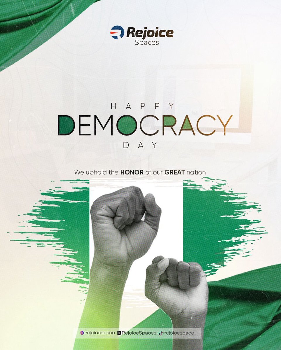 Rejoicespaces's tweet photo. Today, we celebrate the power of choice, the strength of unity, and the voice of the people.
At Rejoice Spaces, we honor the journey toward freedom and growth in our great nation.
Happy Democracy Day, Nigeria!
#DemocracyDay #RejoiceSpaces #Unity #Freedom #ProudlyNigerian https://t.co/7UI1oceIbh