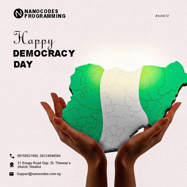 🇳🇬 Happy Democracy Day, Nigeria!
Today, we celebrate the power of freedom, the strength of our voices, and the beauty of our collective progress.

At Nanocodes Programming, we believe that just like democracy, technology empowers people — giving everyone a chance to learn, grow,
