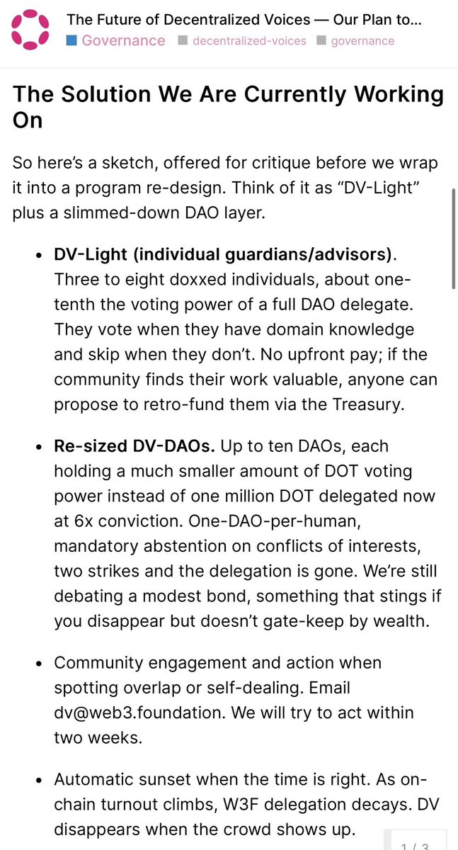 0xZendetta's tweet image. Balancing power is messy, but totally worth it.
Pre-plan for Decentralized Voices future is up: DV-Light guardians, more DAOs but with slimmer voting power, auto-sunset when turnout rises.
We Need the #Polkadot community’s blunt feedback. 🛠️👇
forum.polkadot.network/t/the-future-o…