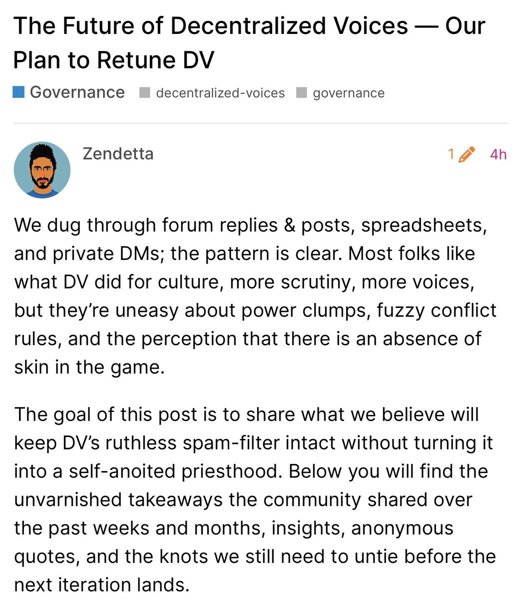 0xZendetta's tweet image. Balancing power is messy, but totally worth it.
Pre-plan for Decentralized Voices future is up: DV-Light guardians, more DAOs but with slimmer voting power, auto-sunset when turnout rises.
We Need the #Polkadot community’s blunt feedback. 🛠️👇
forum.polkadot.network/t/the-future-o…