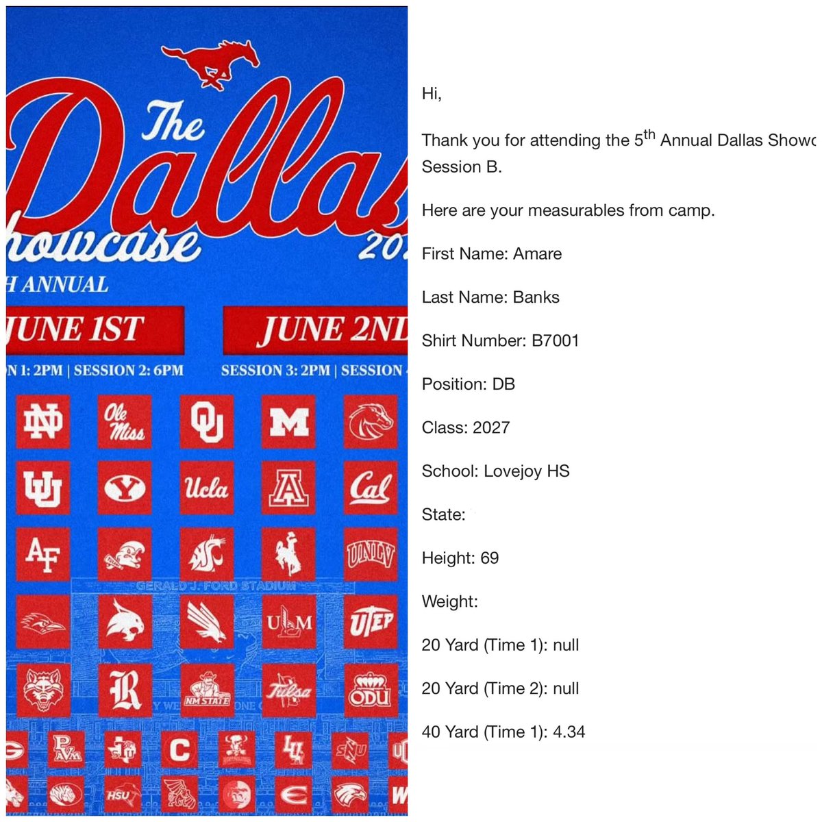 Amare_parks2's tweet image. 🔥🔥Results from the @SMUFB Dallas showcase earlier this month came in. #classof2027
