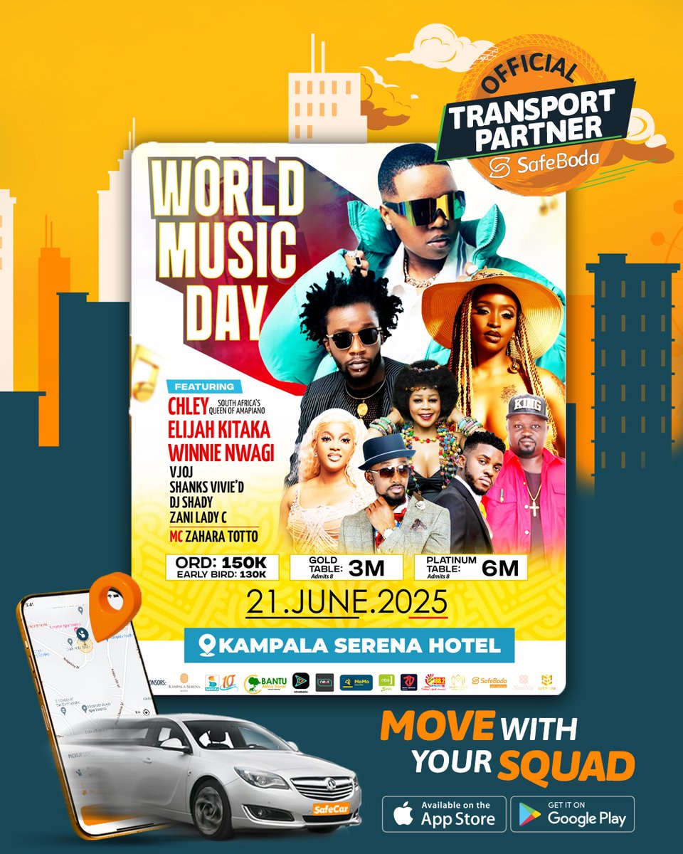 SafeBoda's tweet photo. It's WORLD MUSIC DAY, and we're turning up Kampala-style!
From Chley to Winnie Nwagi & Elijah Kitaka—the stage will be on fire
📍Kampala Serena Hotel
SafeBoda is your official ride!
#MoveWithYourSquad #SafeBodaAt10 https://t.co/uASMANsxOv