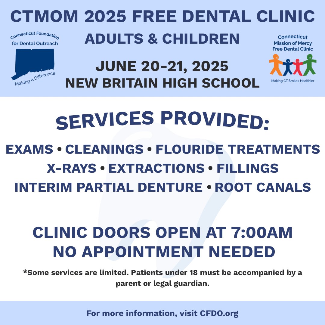 Good health starts with a good smile 😁
Take CTfastrak to CTMOM 2025 Free Dental Clinic — exams, cleanings, x-rays &amp; more, at NO cost!
🗓️ June 20–21

📍Get off at the Downtown New Britain Station and connect with local bus routes 511, 512, or 513.