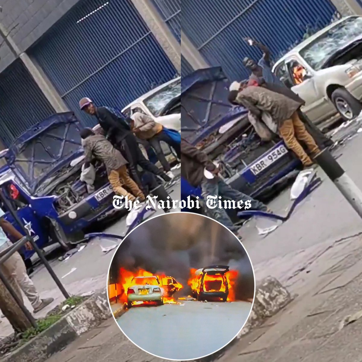 itskipronoh's tweet image. Johnson Sakaja hired goons to torch two old cars in Nairobi CBD so they could blame the protestors. The blood-based regime is sinking so low. Nothing will stop us from demanding justice for Albert Ojwang. #MaandamanoThursday