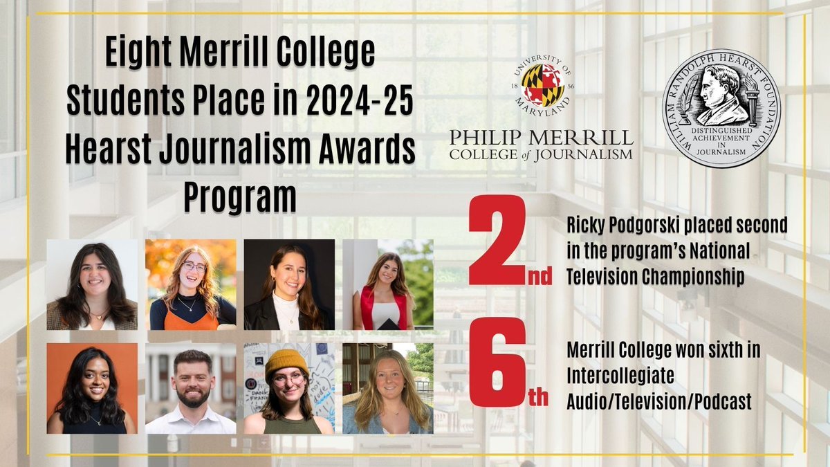 Merrill College @ Maryland (@merrillcollege) on Twitter photo SUPER HAPPY for all the #merrillmade students who placed in this year's Hearst Journalism Awards Program, the "Pulitzers of college journalism!" 🏆
Congrats to <a href="/jennabloomm/">Jenna Bloom</a>, <a href="/JessDaninhirsch/">Jess Daninhirsch</a>, <a href="/KierstenHacker/">Kiersten Hacker</a>, Dylan Jaffe, <a href="/ela_jalil/">Ela Jalil</a>, <a href="/R_Pods/">Ricky Podgorski</a>, <a href="/mollycszy/">Molly Szymanski</a> and Christina Walker for SUPER HAPPY for all the #merrillmade students who placed in this year's Hearst Journalism Awards Program, the "Pulitzers of college journalism!" 🏆
Congrats to <a href="/jennabloomm/">Jenna Bloom</a>, <a href="/JessDaninhirsch/">Jess Daninhirsch</a>, <a href="/KierstenHacker/">Kiersten Hacker</a>, Dylan Jaffe, <a href="/ela_jalil/">Ela Jalil</a>, <a href="/R_Pods/">Ricky Podgorski</a>, <a href="/mollycszy/">Molly Szymanski</a> and Christina Walker for