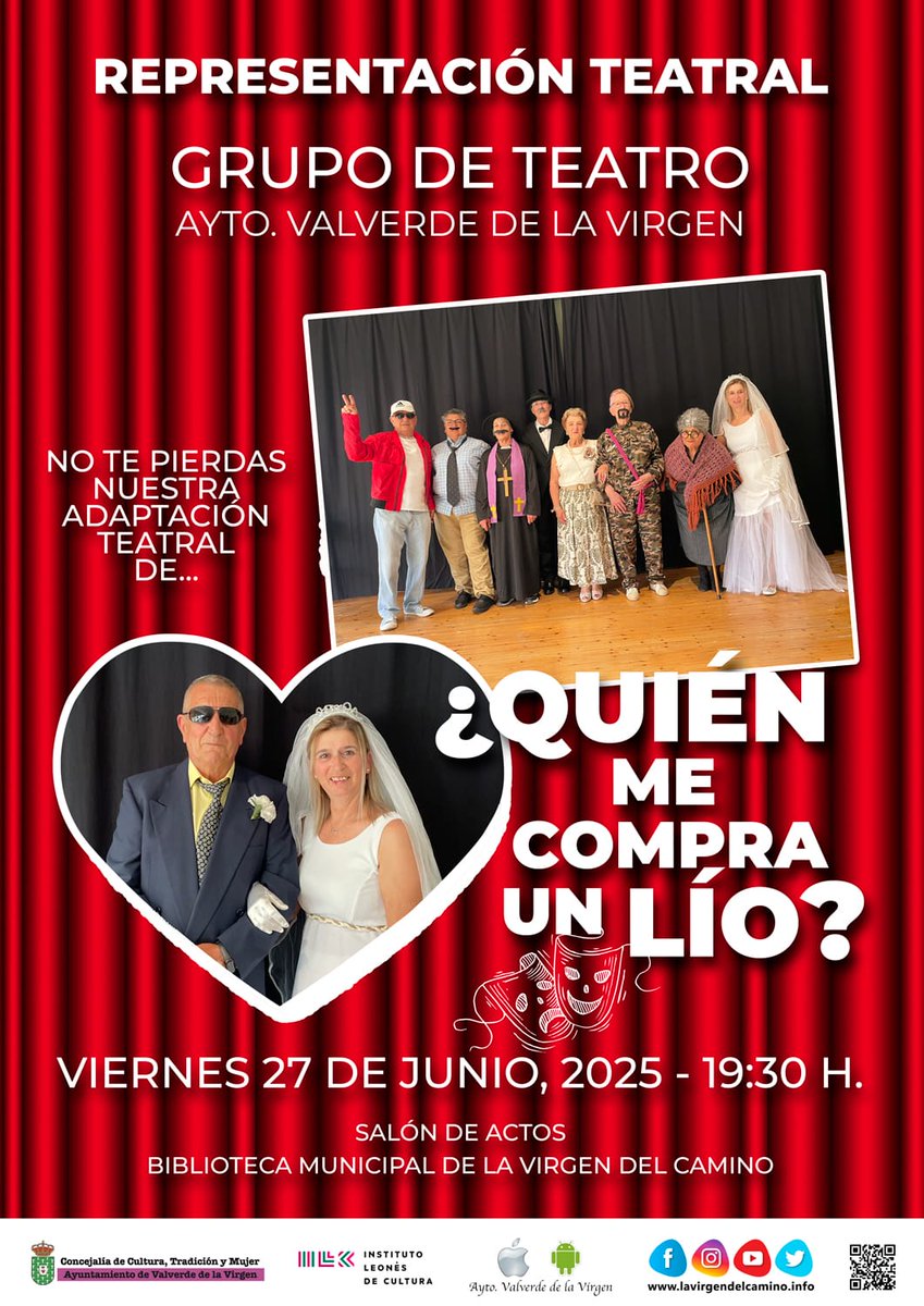 El grupo de teatro municipal de adultos os invita a su representación para poner broche final al curso.
Nos deleitarán con la@obra “ ¿Quién me compra un lío ¿” y la cita será el próximo 27 de junio a las 19:30h  en el salón de actos de la biblioteca municipal.
¡No os lo perdáis !