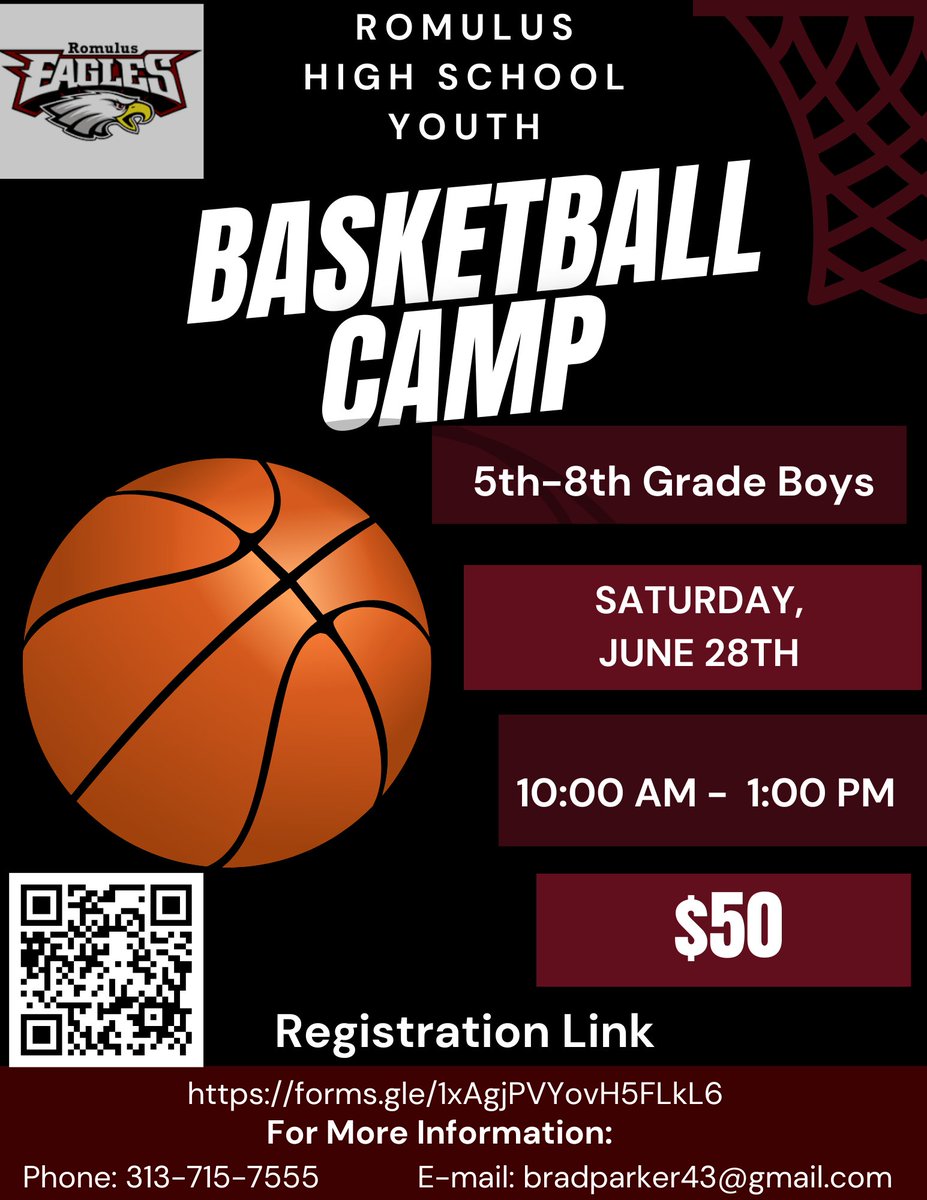 🏀 Calling All Young Hoopers!🏀
Romulus High School is hosting a Youth Basketball Camp.

📅 Saturday, June 28th
🕙 10:00 AM – 1:00 PM
💵 Only $50
📍 Romulus High School

👉 Registration link:  

forms.gle/1xAgjPVYovH5FL…

Payment link:

gofan.co/event/3630136?…