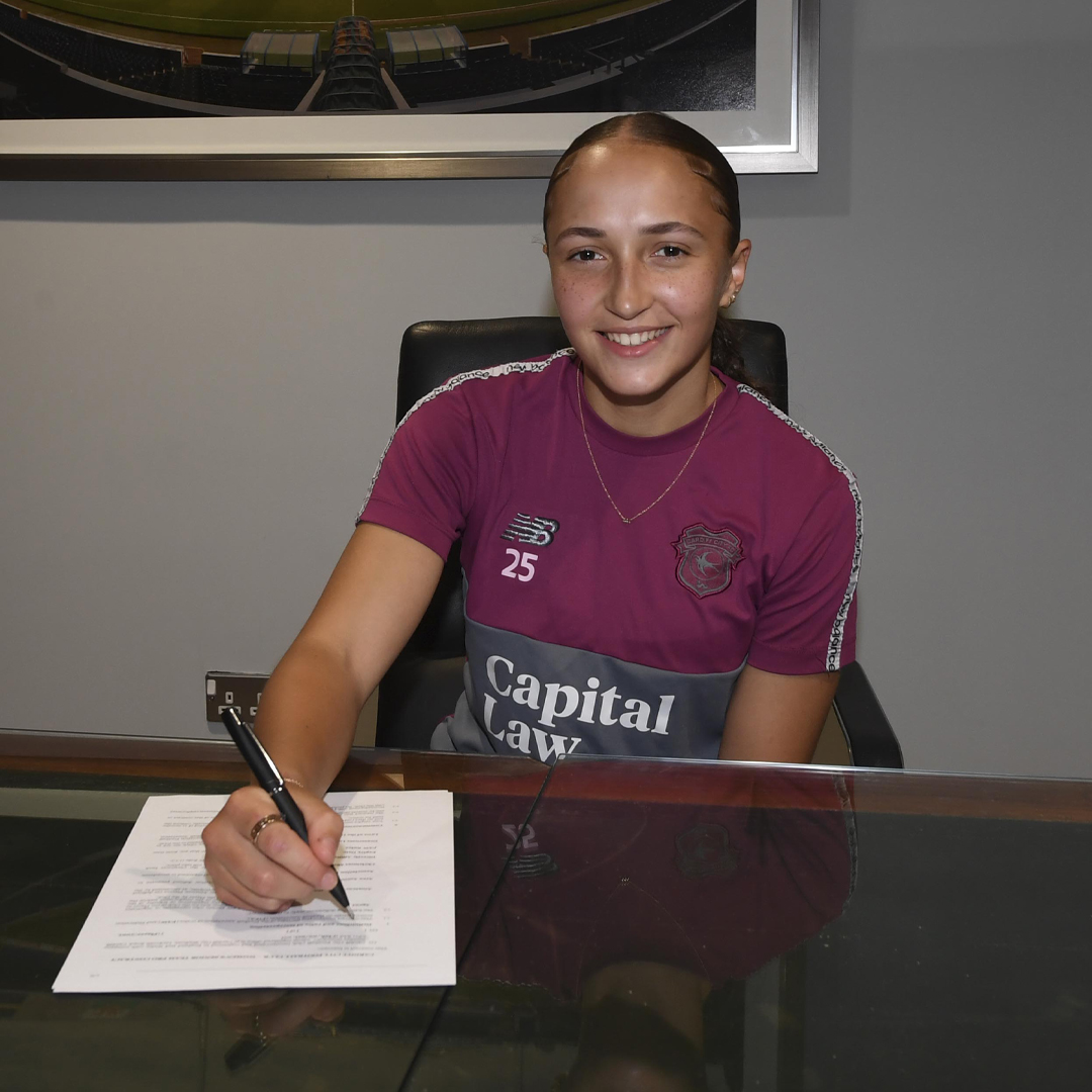 CardiffCityFCW's tweet photo. After impressing at U19 level, Grace Olsen, Seren Thomas and Scarlett Baker-Perry have signed amateur contracts ahead of the 2025/26 season! 💙

#CityAsOne