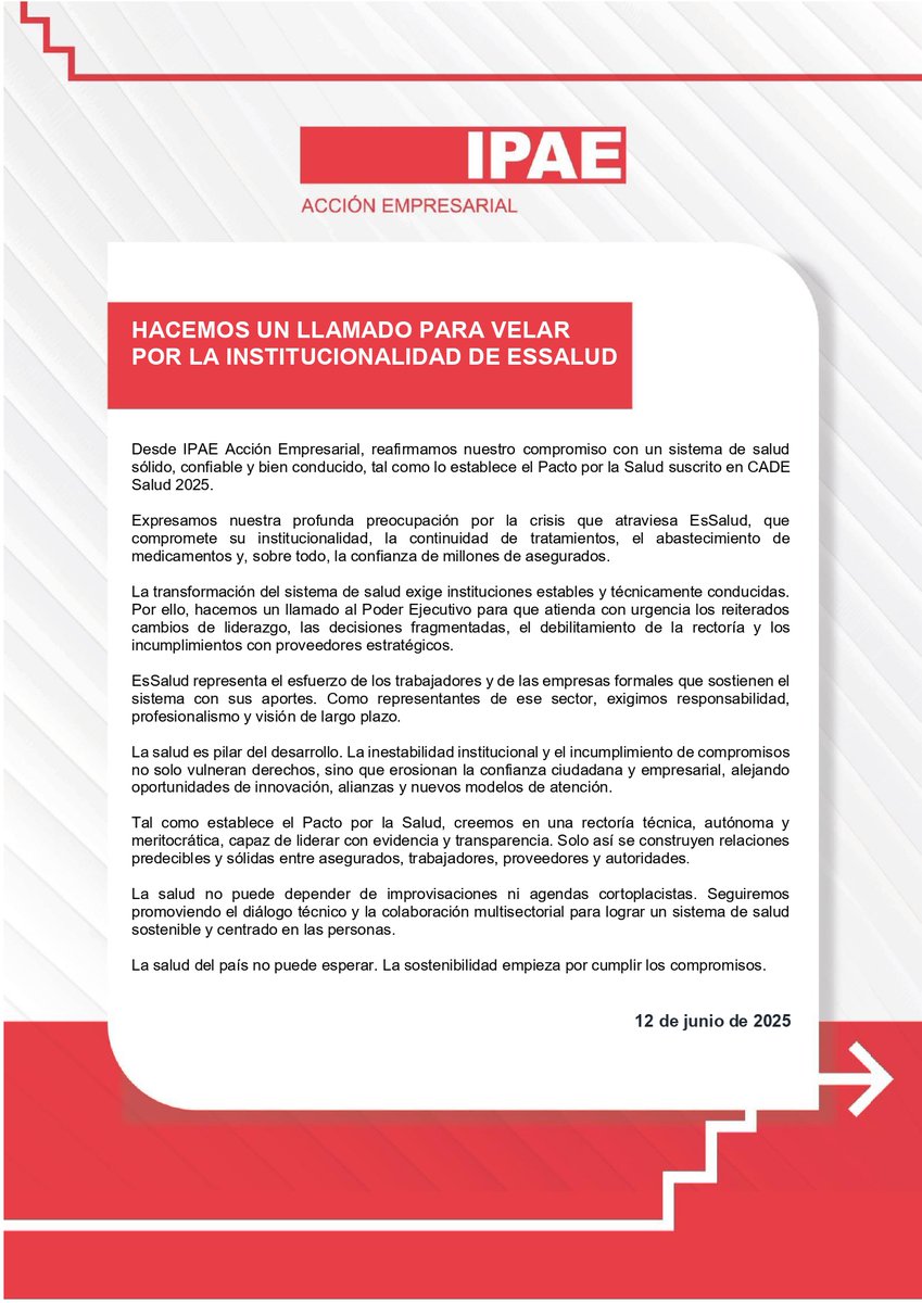 📢 #COMUNICADO | La salud del Perú no puede esperar y está en riesgo.

Desde IPAE Acción Empresarial expresamos nuestra profunda preocupación por la grave crisis institucional que atraviesa EsSalud: La inestabilidad en su conducción; el incumplimiento de compromisos, y el
