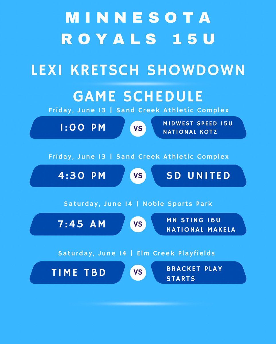 Pool play schedule for this weekend at the <a href="/Lexi_Showdown/">Lexi Kretsch Summer Showdown</a>! Let’s go MNR! Excited for our first summer tournament and to play with my girls again! <a href="/MNRoyals/">MN Royals Fastpitch</a>